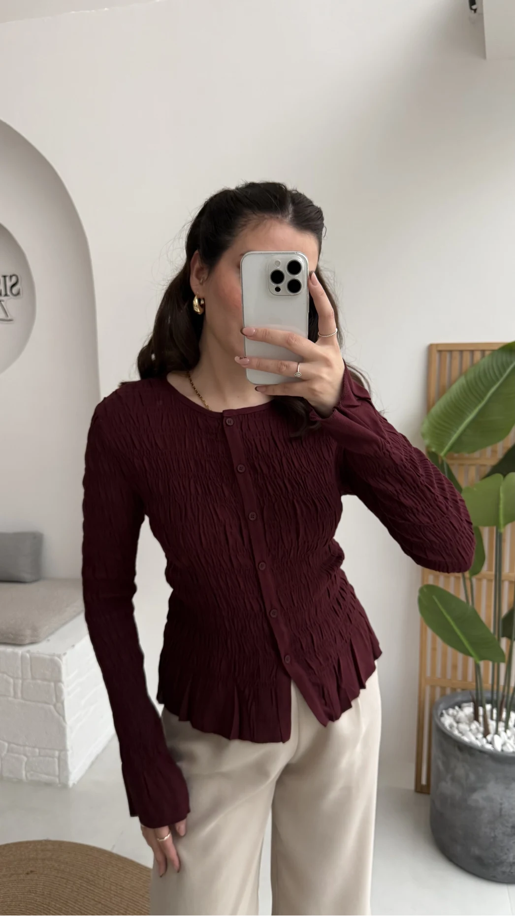 Vanessa Büzgülü Gömlek - Bordo - Kod: 50926