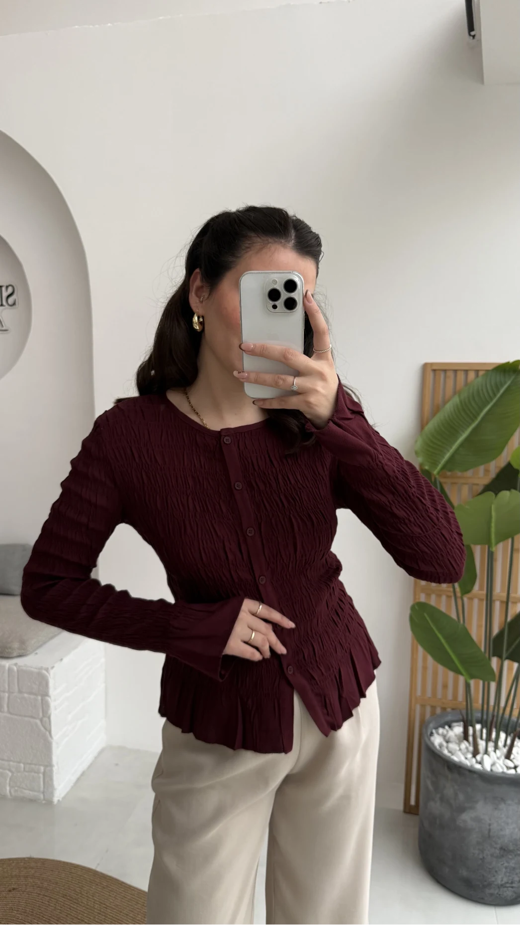 Vanessa Büzgülü Gömlek - Bordo - Kod: 50926