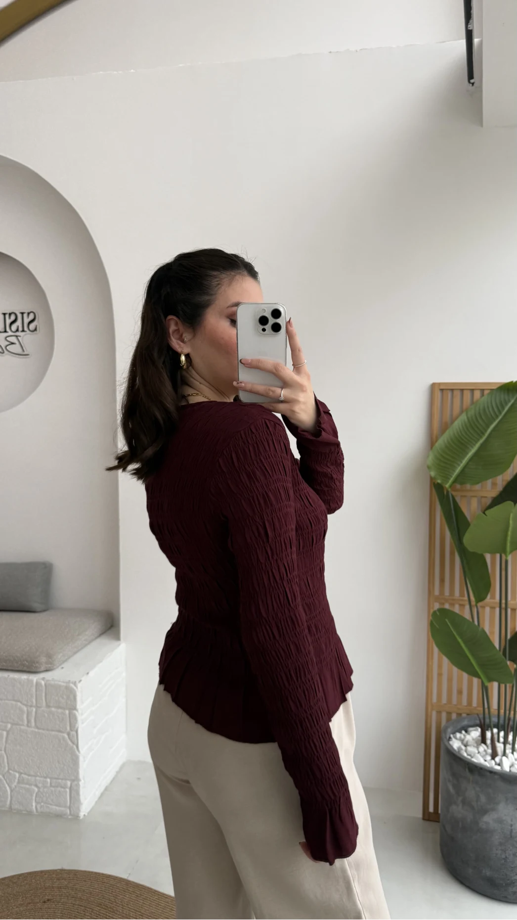 Vanessa Büzgülü Gömlek - Bordo - Kod: 50926