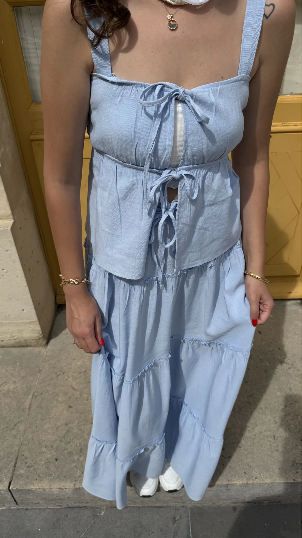 Vanessa Katlı Bağlamalı Bluz Etek Takım - Mavi - 30358