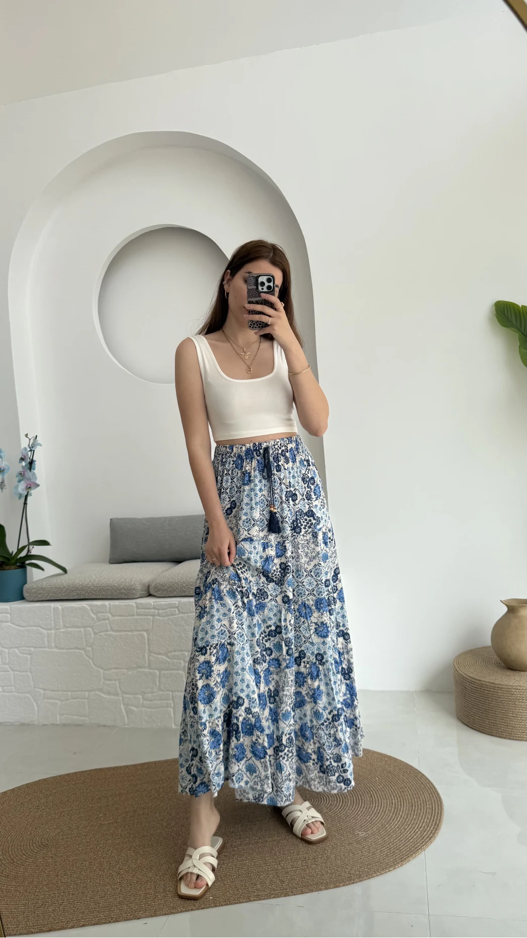 Varnata Çiçekli Etek Mavi