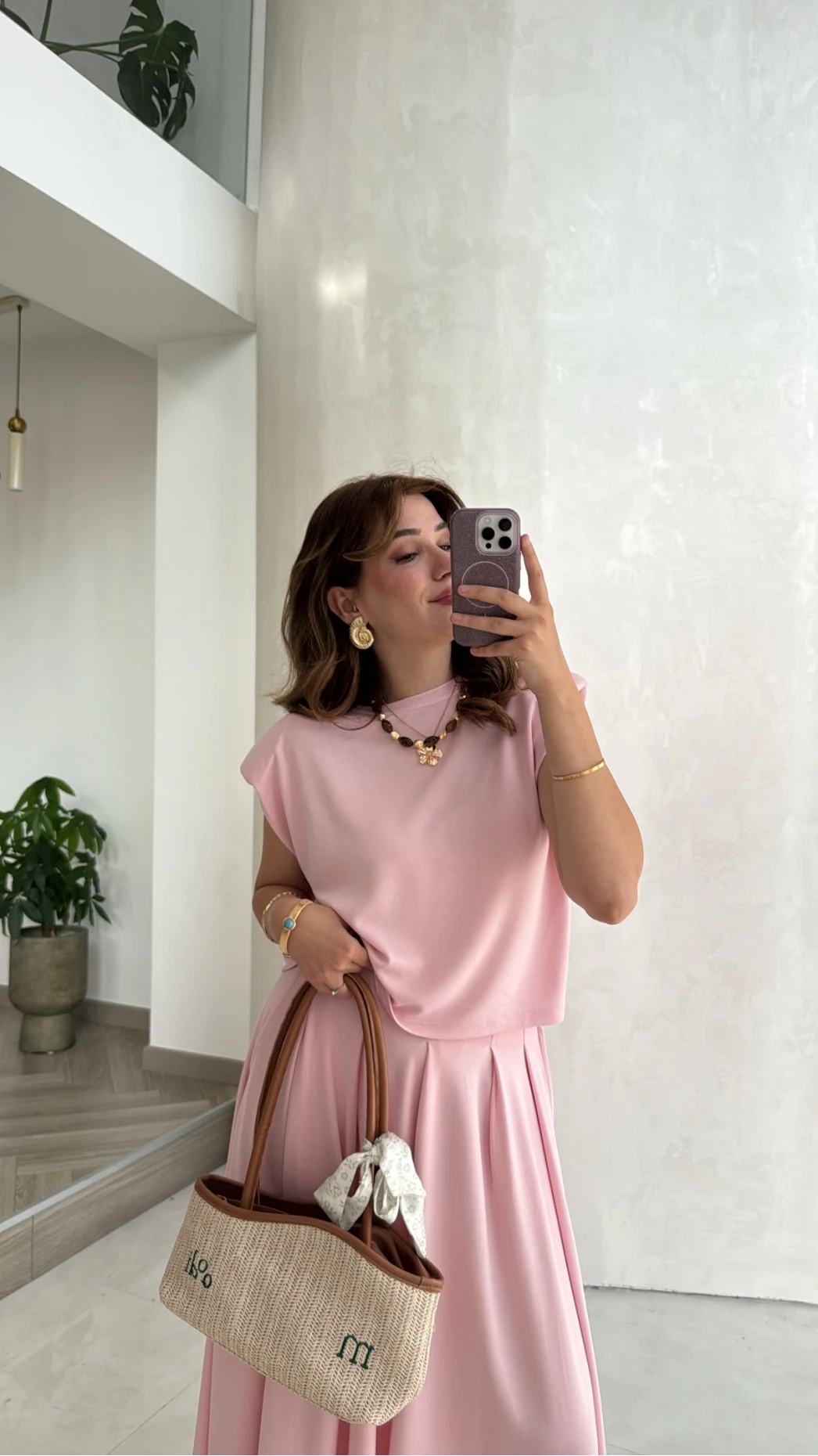 Vatkalı Etekli Bluz Takım - Pembe - Kod: 4125