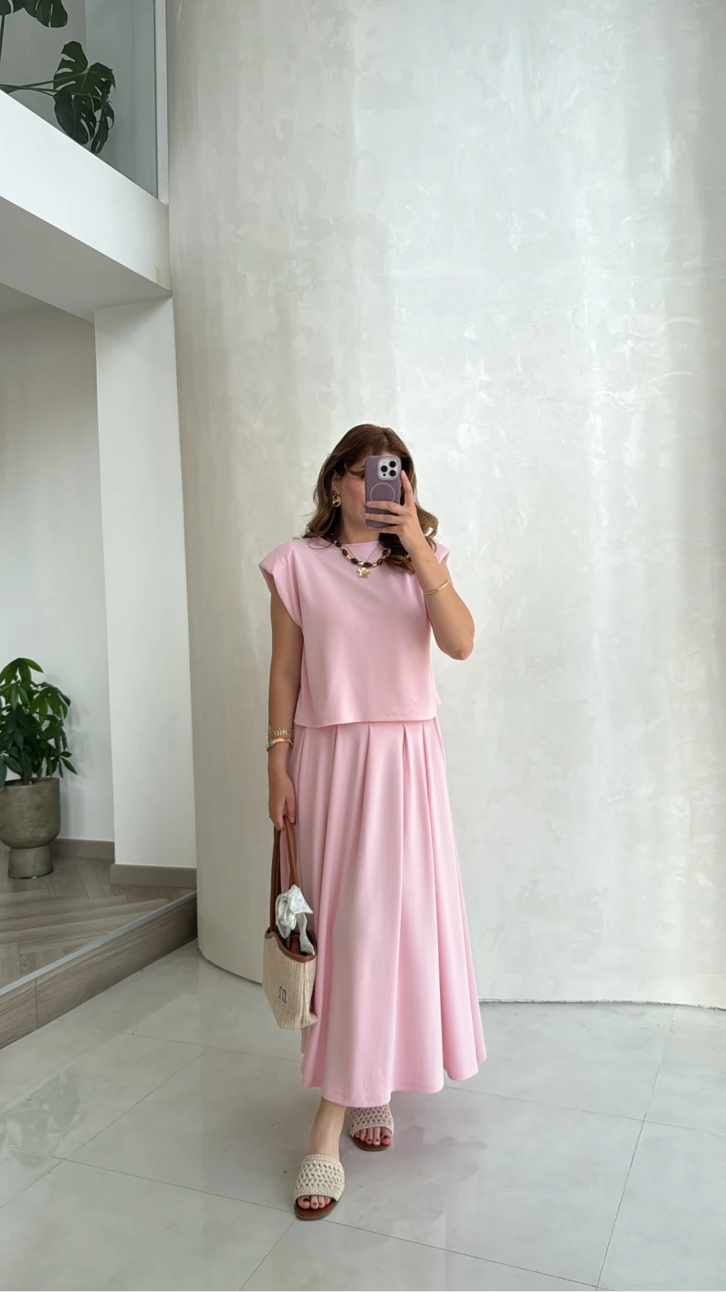 Vatkalı Etekli Bluz Takım - Pembe - Kod: 4125