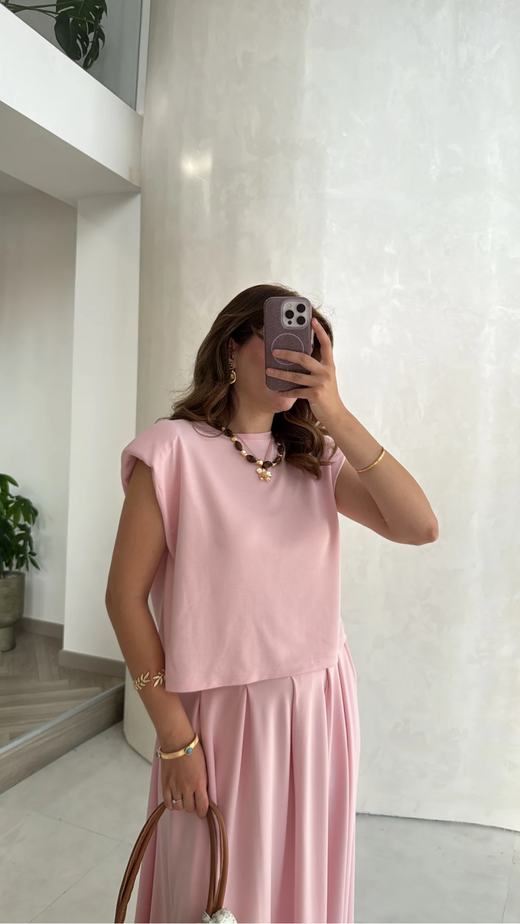 Vatkalı Etekli Bluz Takım - Pembe - Kod: 4125