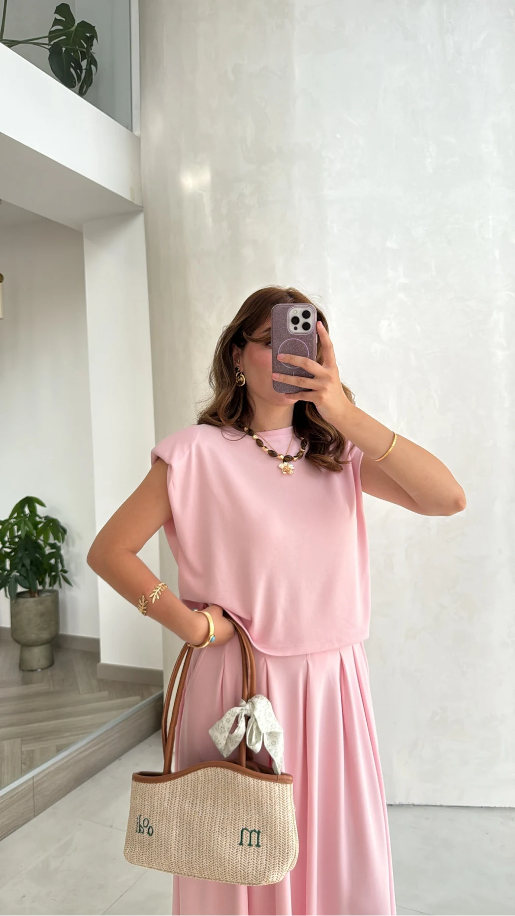 Vatkalı Etekli Bluz Takım - Pembe - Kod: 4125
