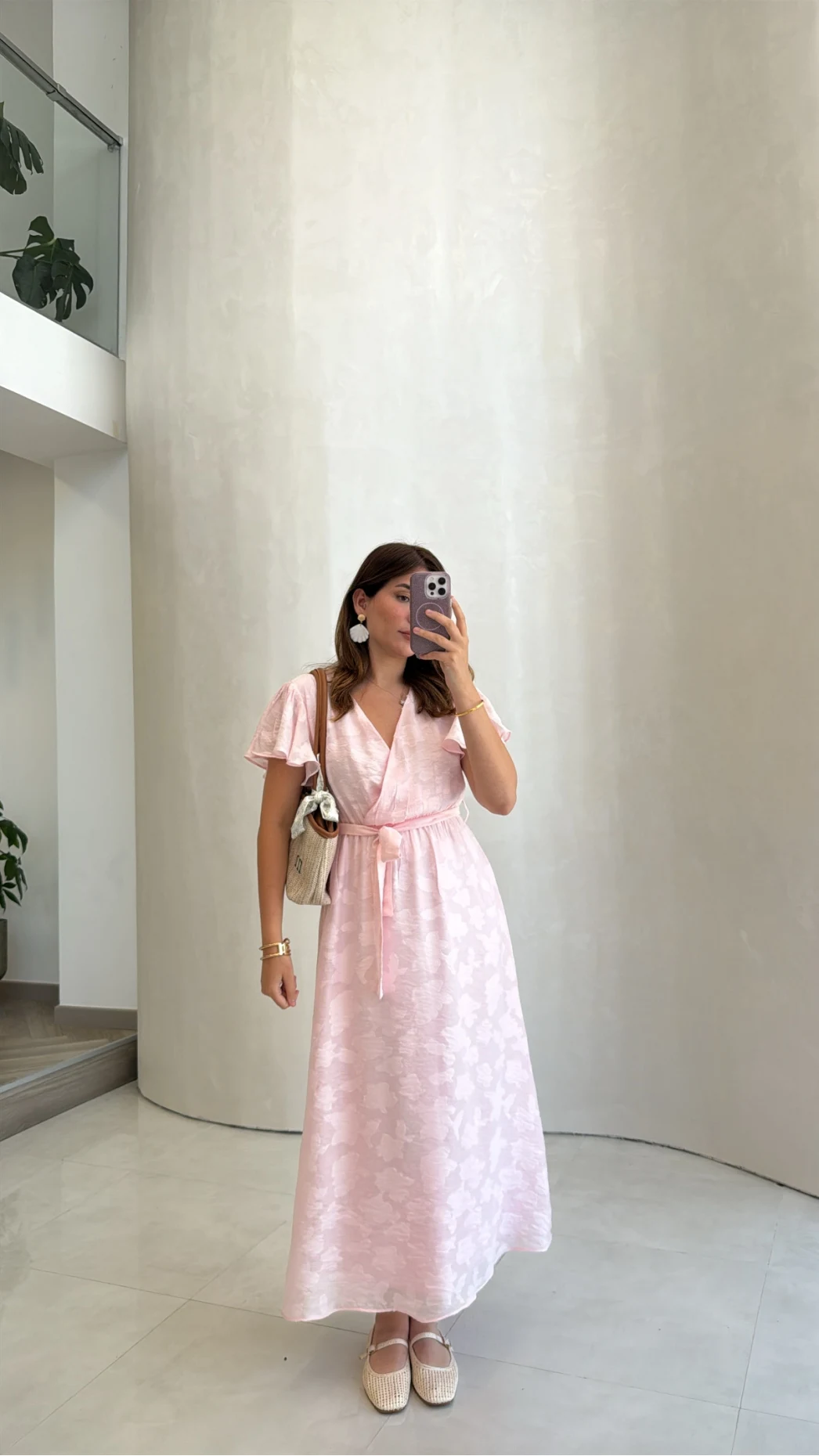 Velina Kruvaze Yaka Kuşaklı Elbise - Pembe - Kod: 3113
