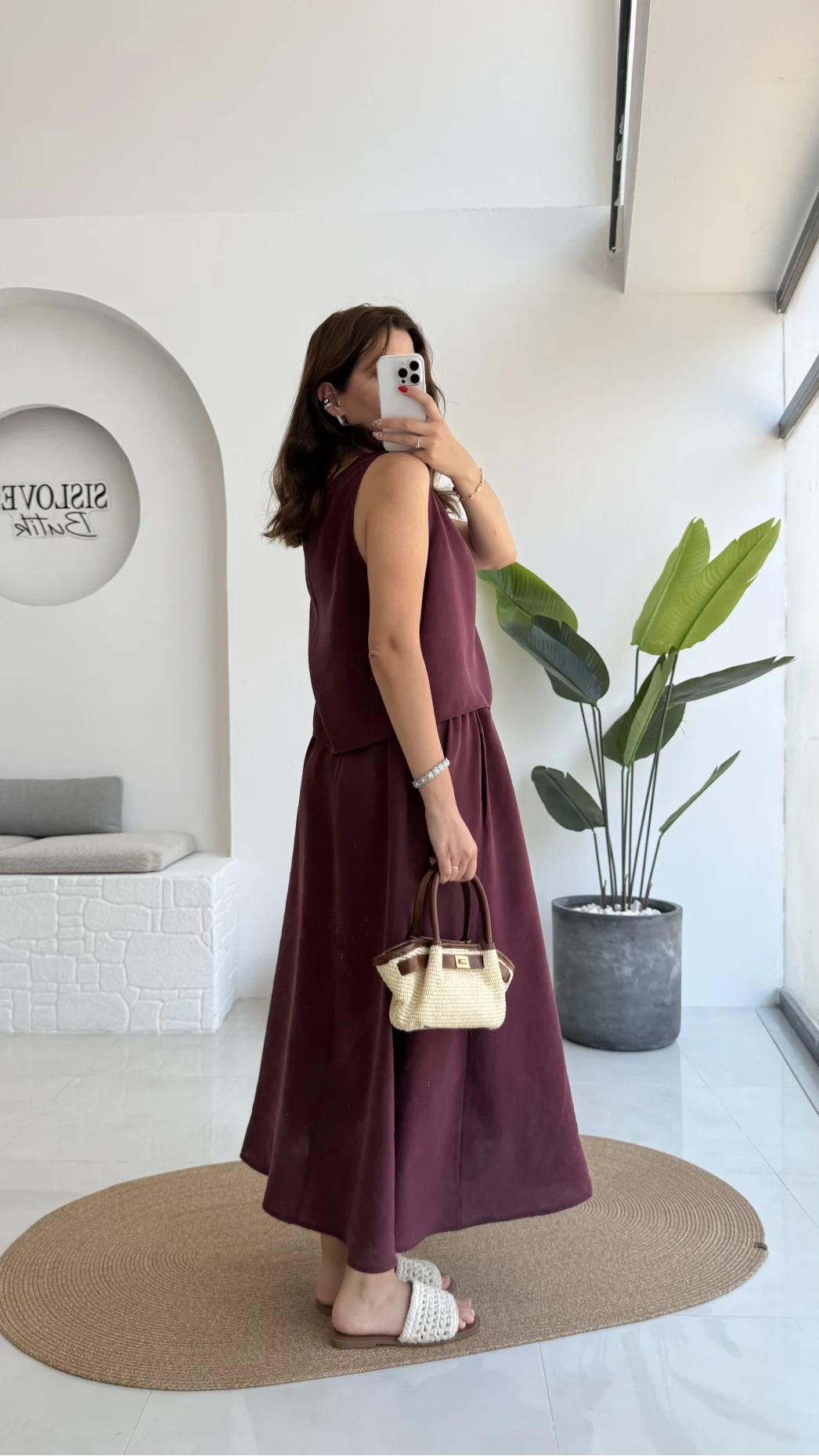 Velma Kalın Askılı Bluz Midi Etek Takım - Bordo