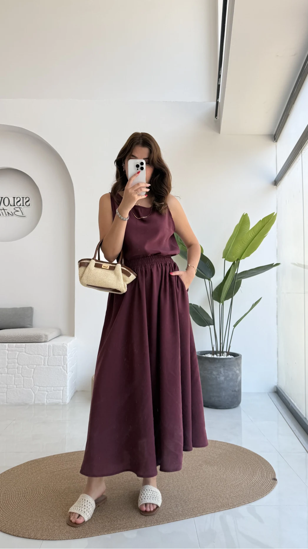 Velma Kalın Askılı Bluz Midi Etek Takım - Bordo