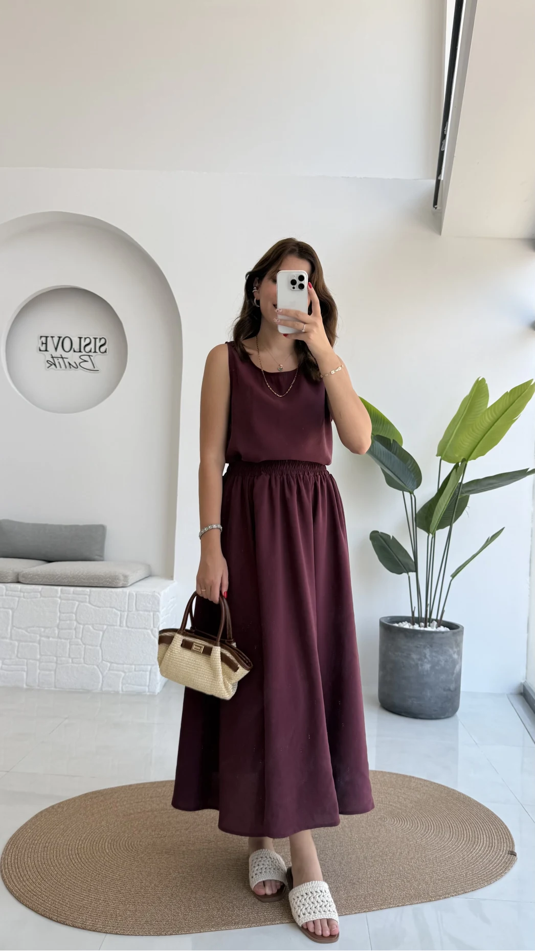 Velma Kalın Askılı Bluz Midi Etek Takım - Bordo
