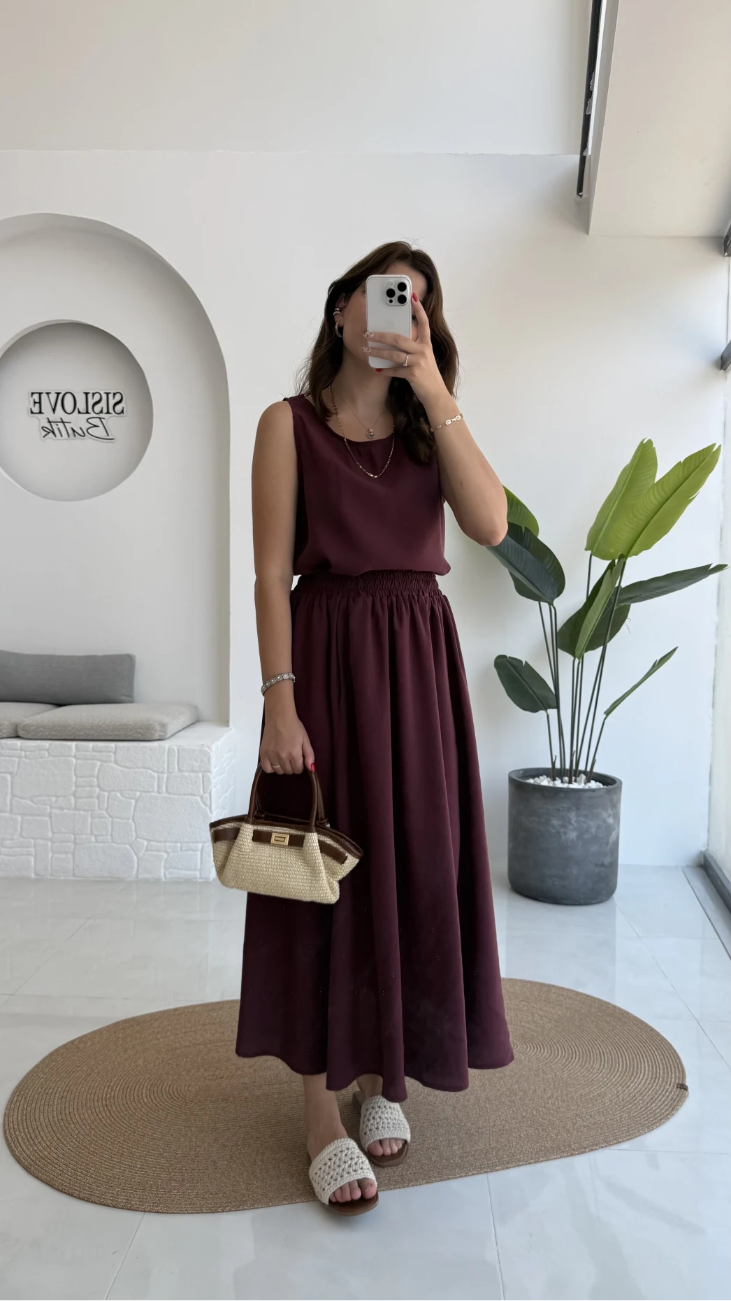 Velma Kalın Askılı Bluz Midi Etek Takım - Bordo
