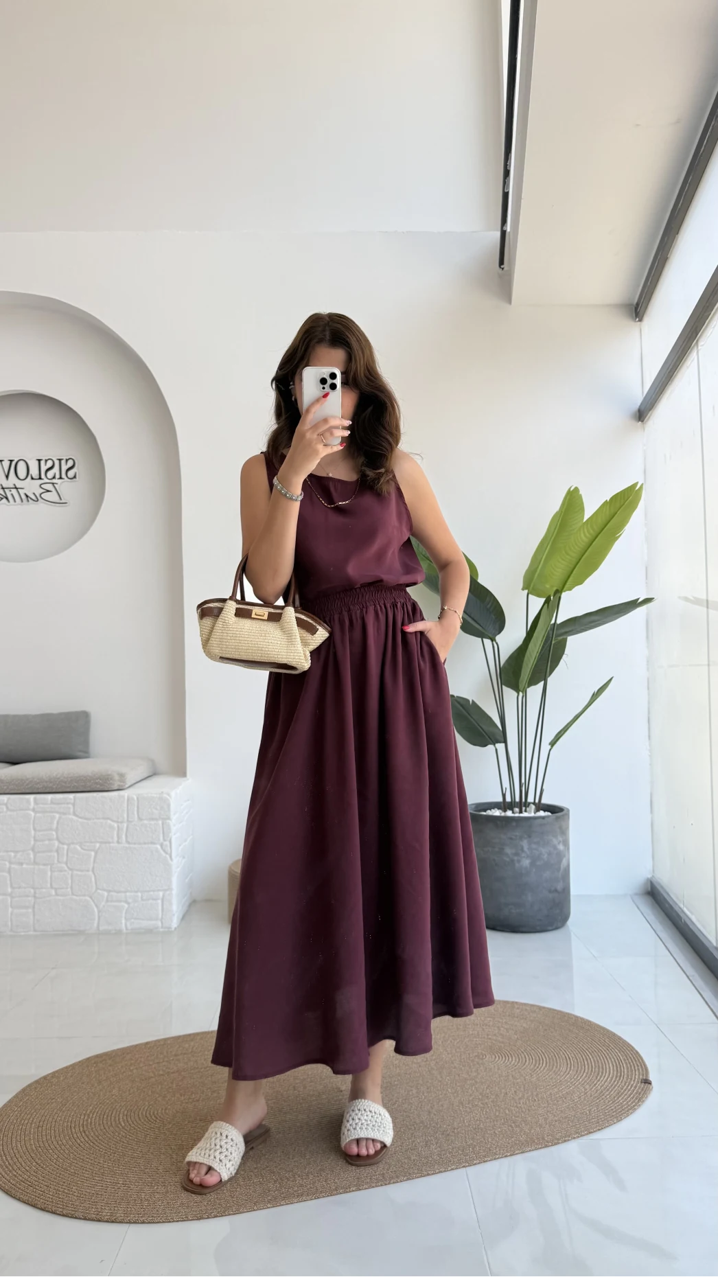 Velma Kalın Askılı Bluz Midi Etek Takım - Bordo