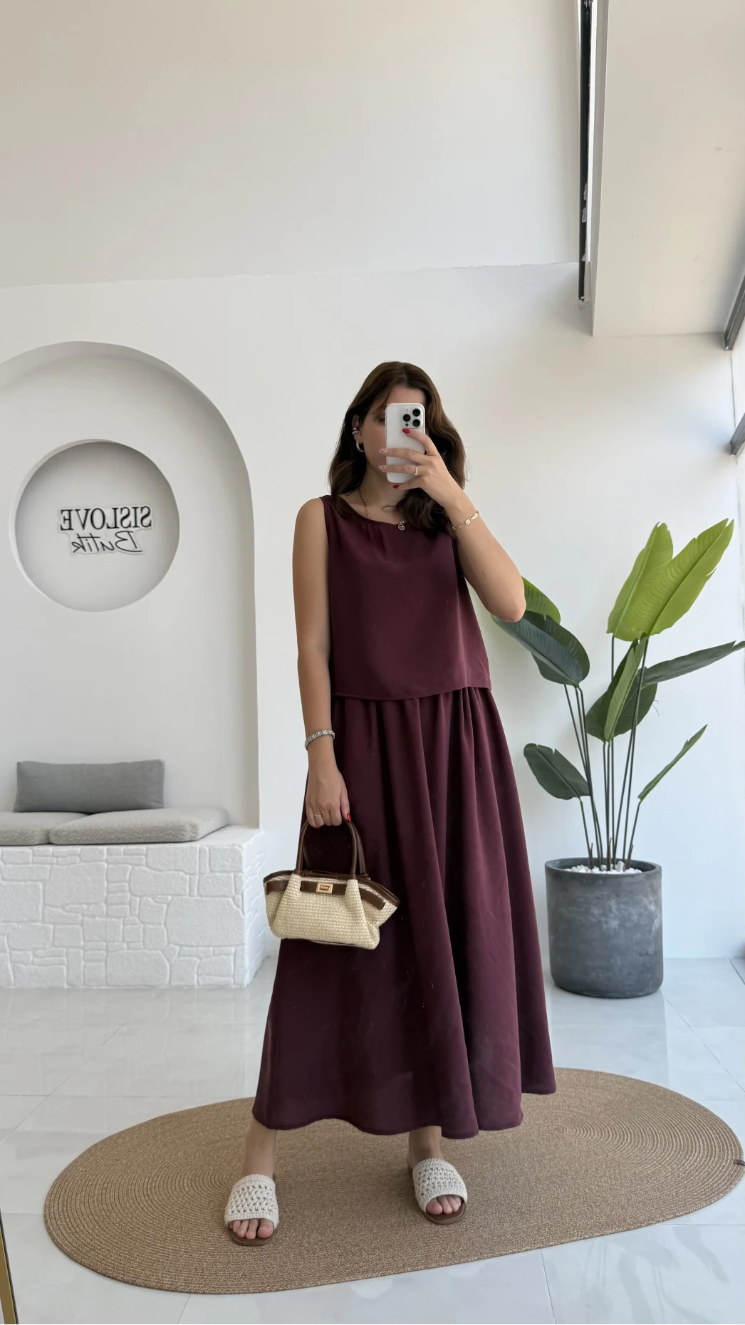 Velma Kalın Askılı Bluz Midi Etek Takım - Bordo