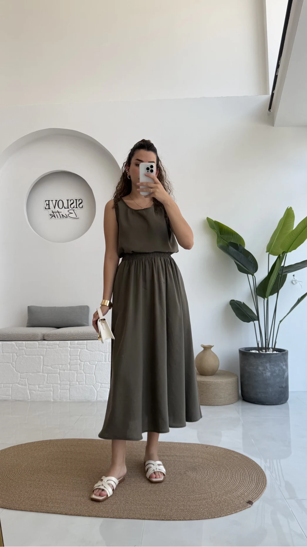 Velma Kalın Askılı Bluz Midi Etek Takım - Haki