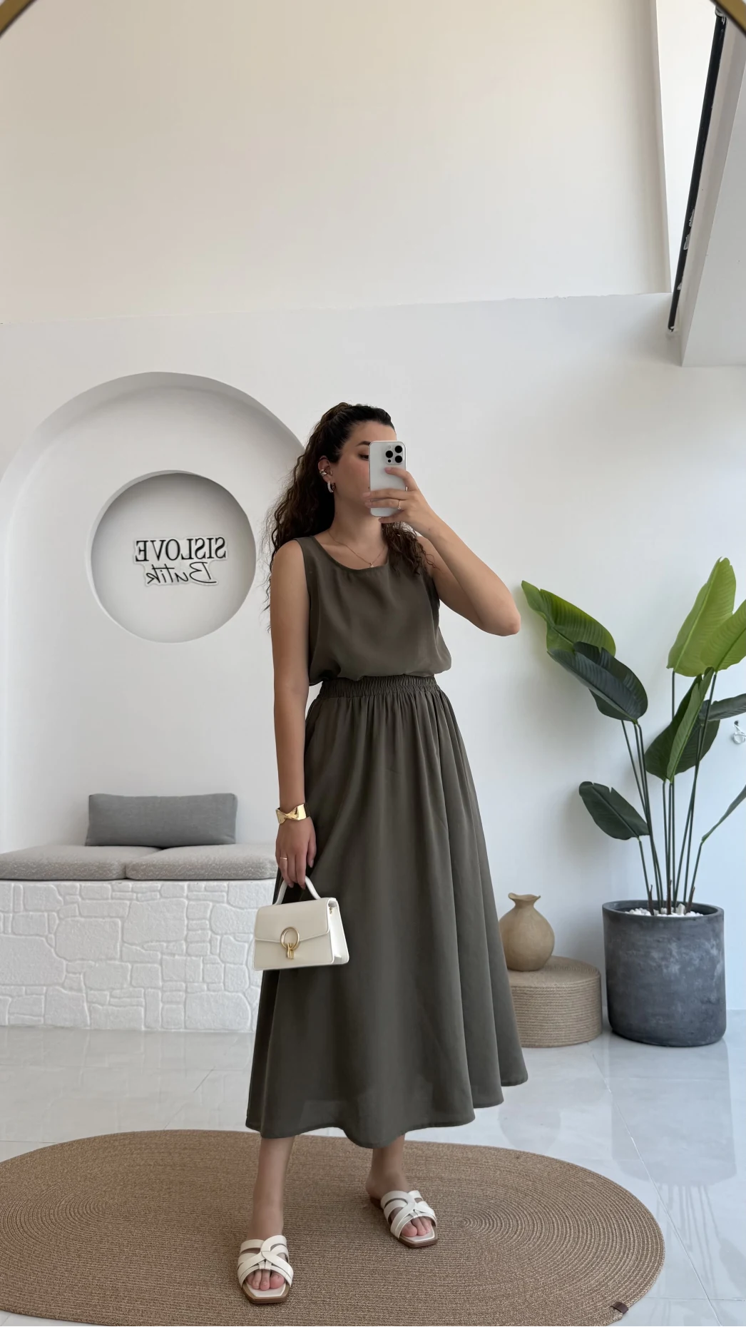 Velma Kalın Askılı Bluz Midi Etek Takım - Haki