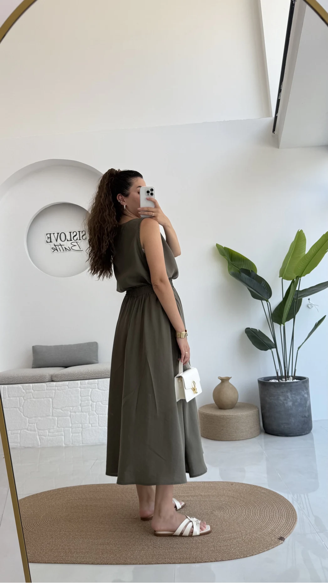 Velma Kalın Askılı Bluz Midi Etek Takım - Haki
