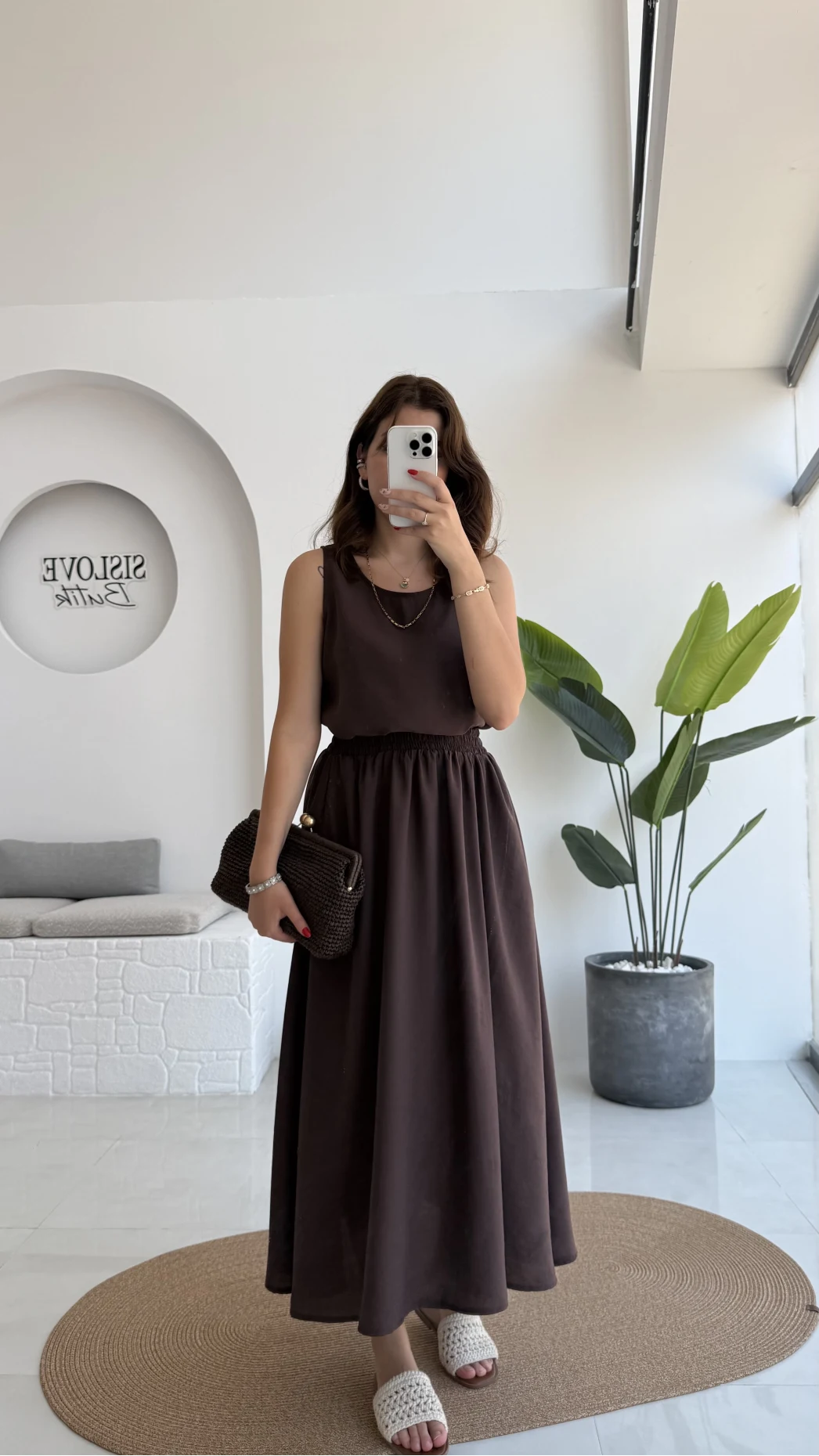 Velma Kalın Askılı Bluz Midi Etek Takım - Kahve