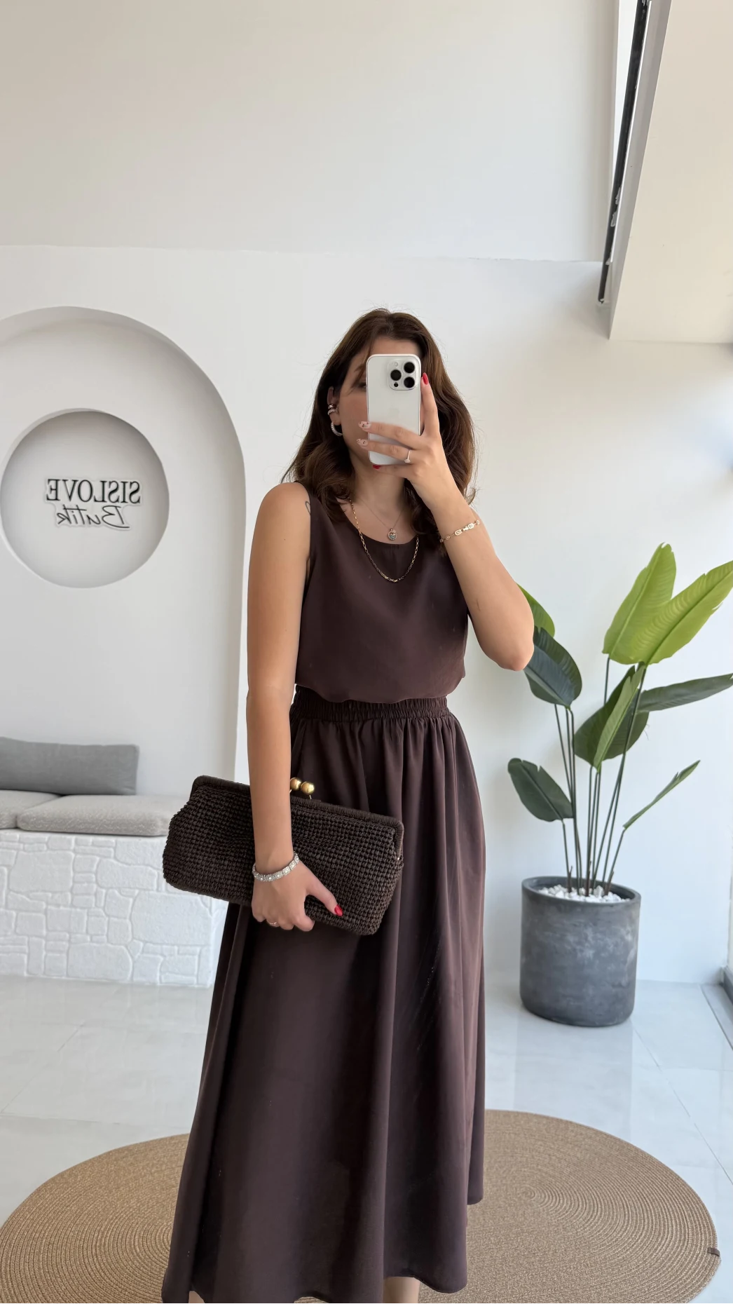 Velma Kalın Askılı Bluz Midi Etek Takım - Kahve