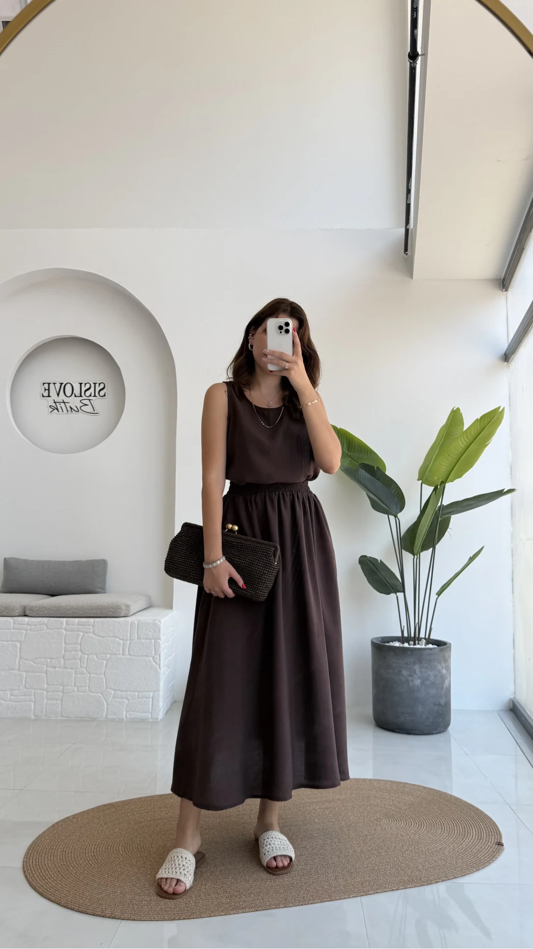 Velma Kalın Askılı Bluz Midi Etek Takım - Kahve