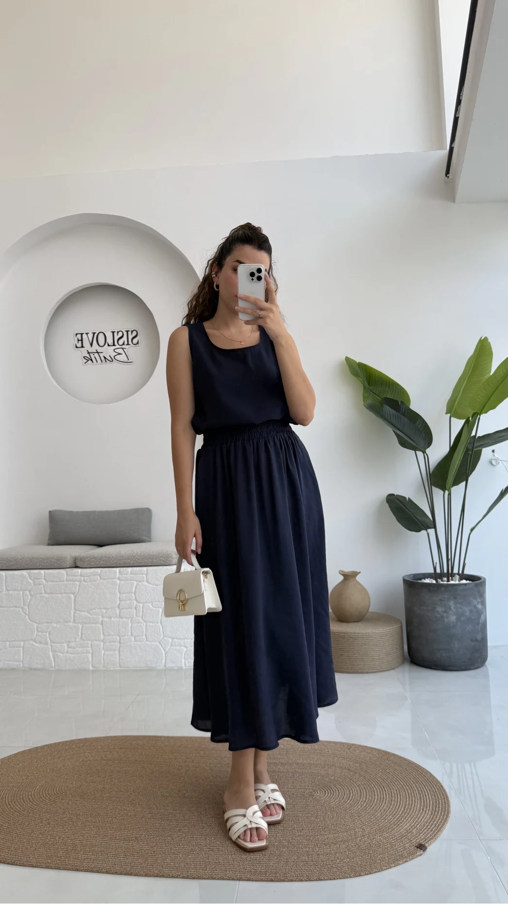 Velma Kalın Askılı Bluz Midi Etek Takım - Lacivert