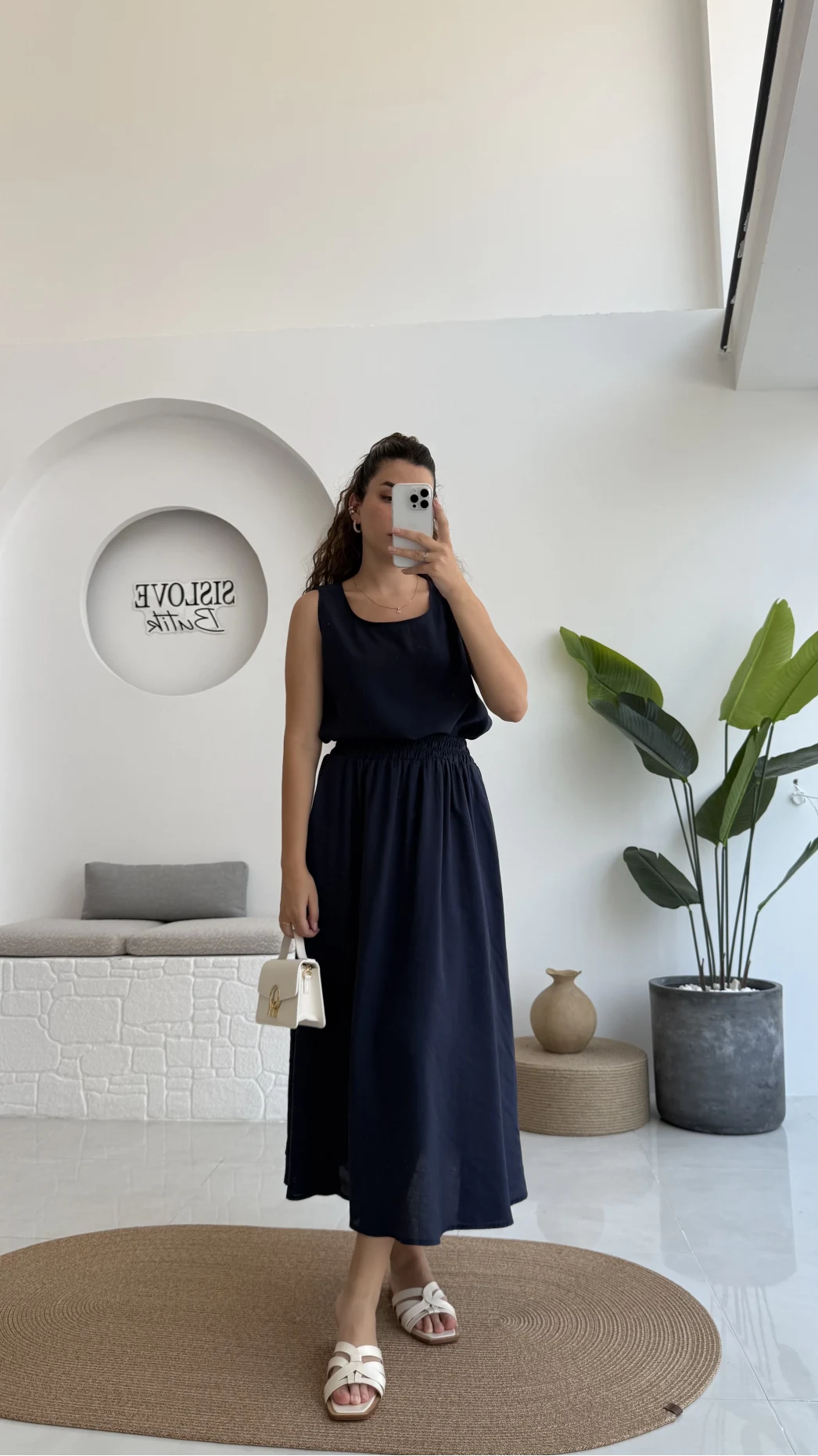 Velma Kalın Askılı Bluz Midi Etek Takım - Lacivert