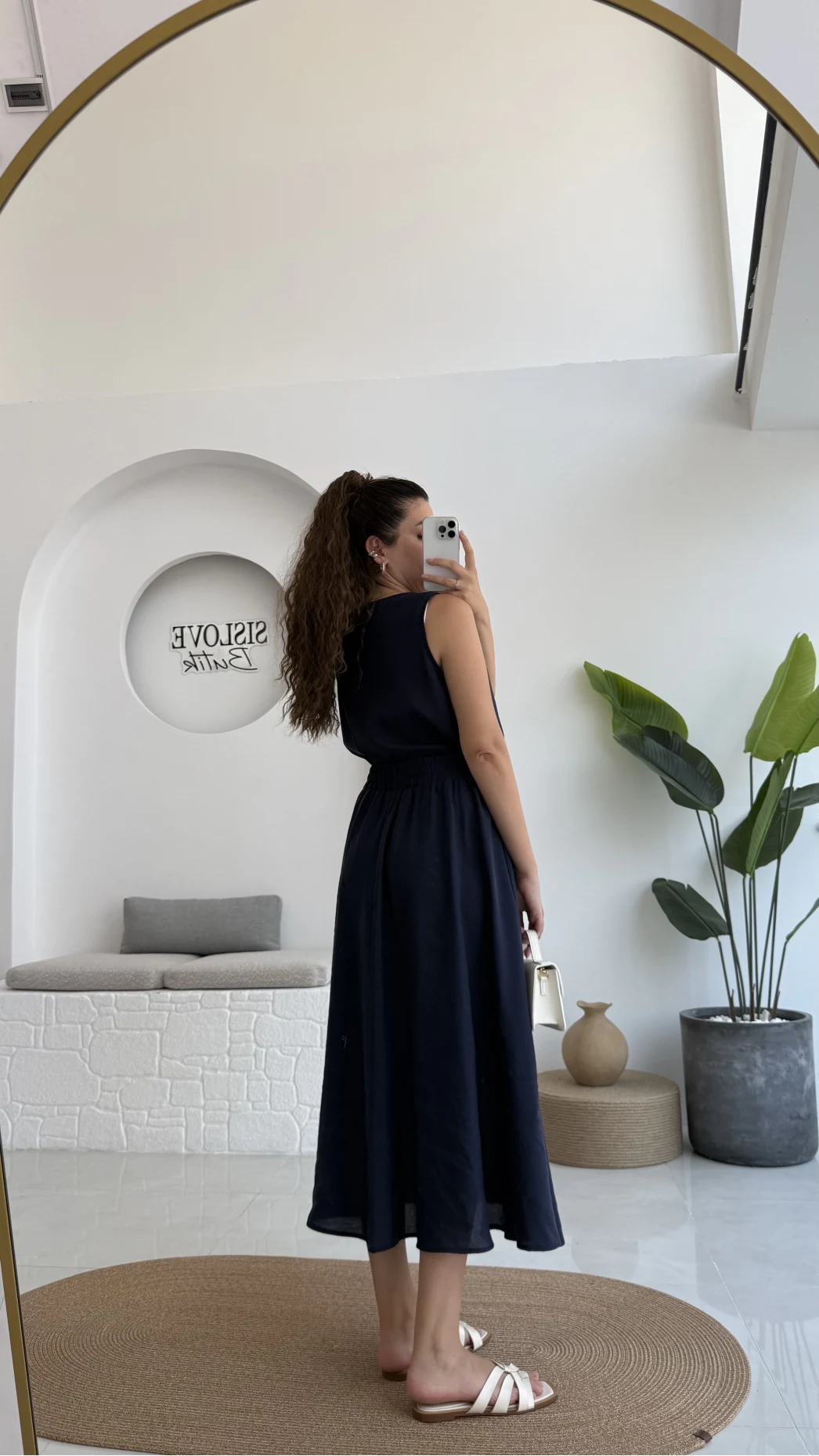 Velma Kalın Askılı Bluz Midi Etek Takım - Lacivert