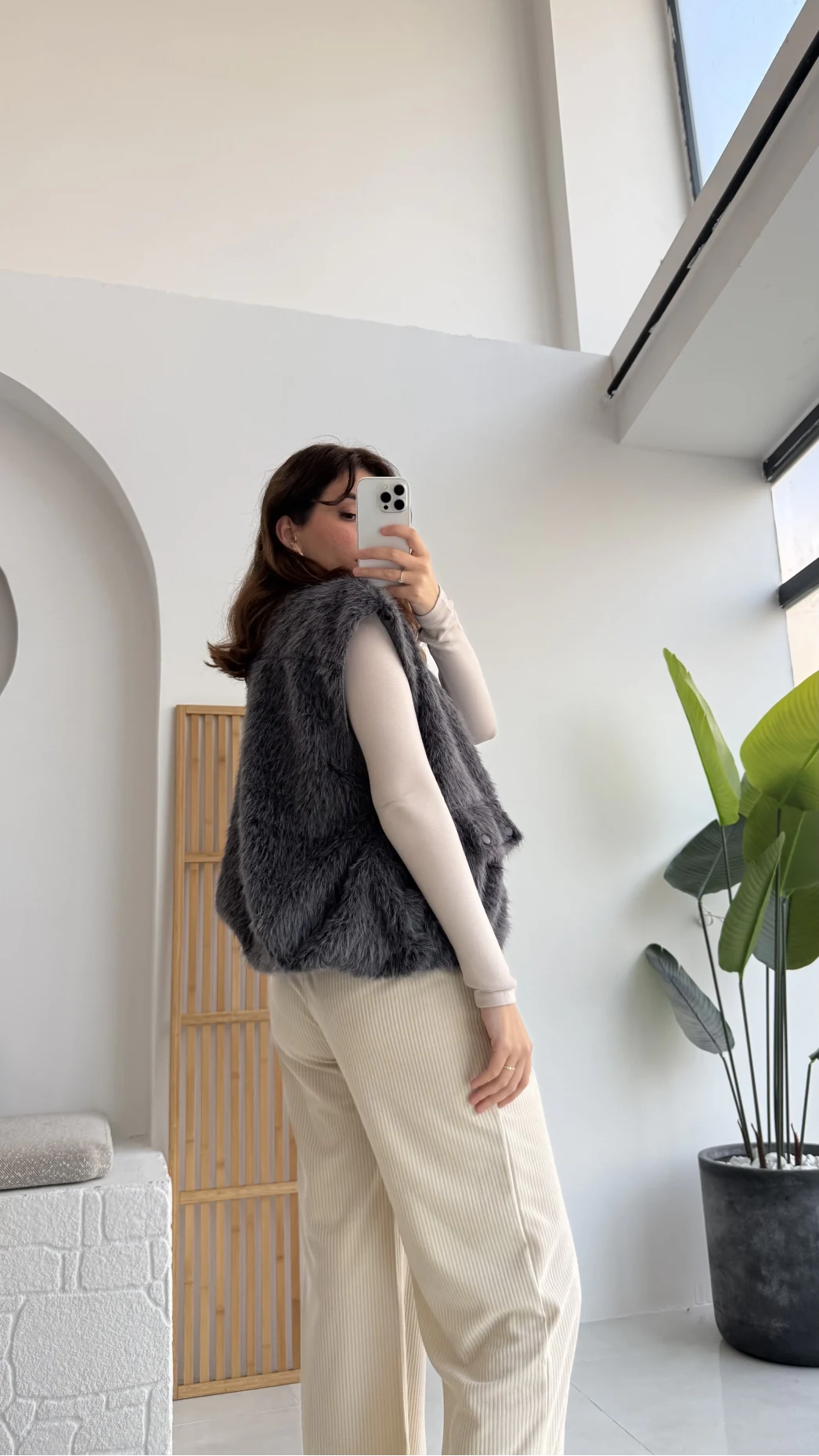 Veloura Kısa Tüylü Yelek - Antrasit - KOD:8016