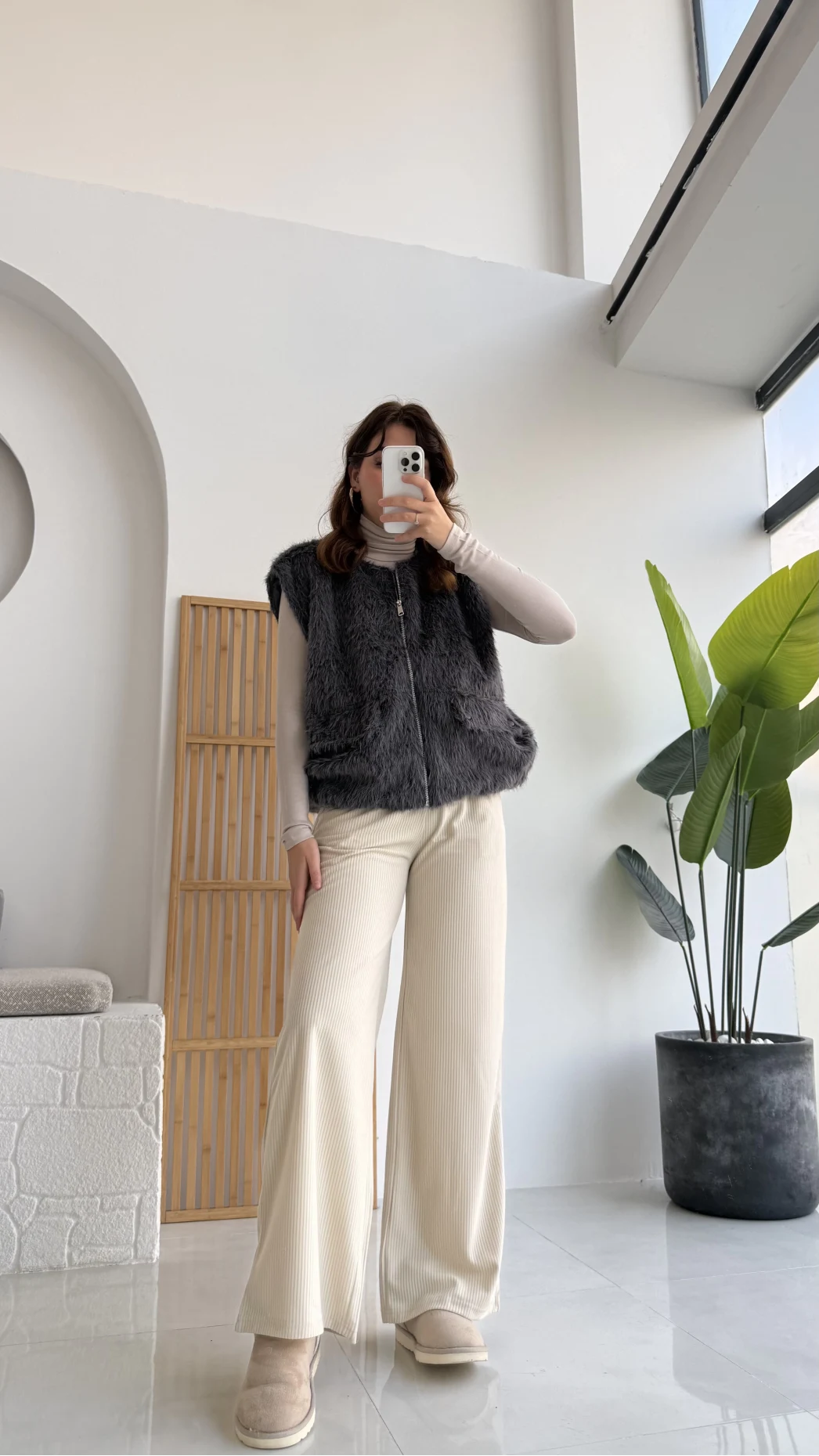 Veloura Kısa Tüylü Yelek - Antrasit - KOD:8016