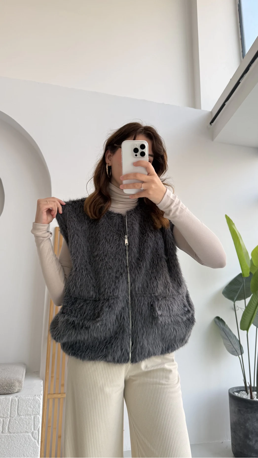 Veloura Kısa Tüylü Yelek - Antrasit - KOD:8016