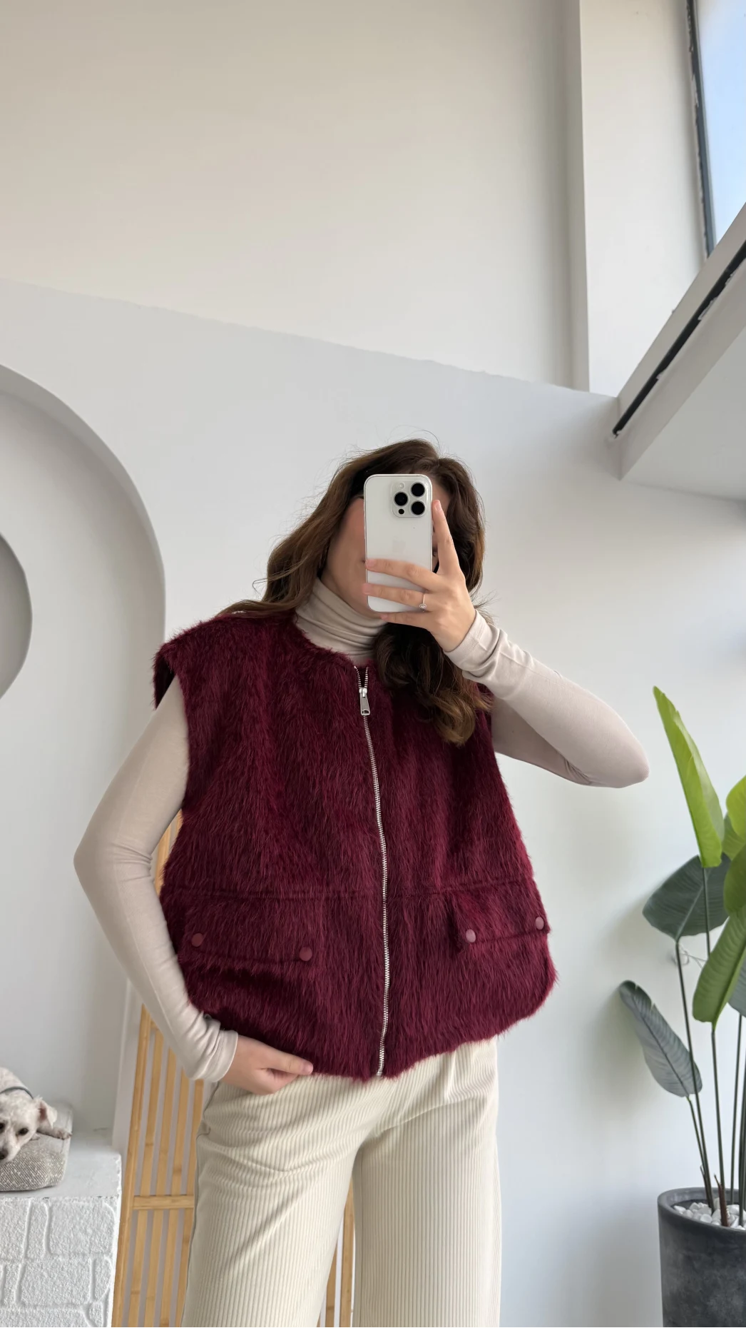 Veloura Kısa Tüylü Yelek - Bordo - KOD:8016