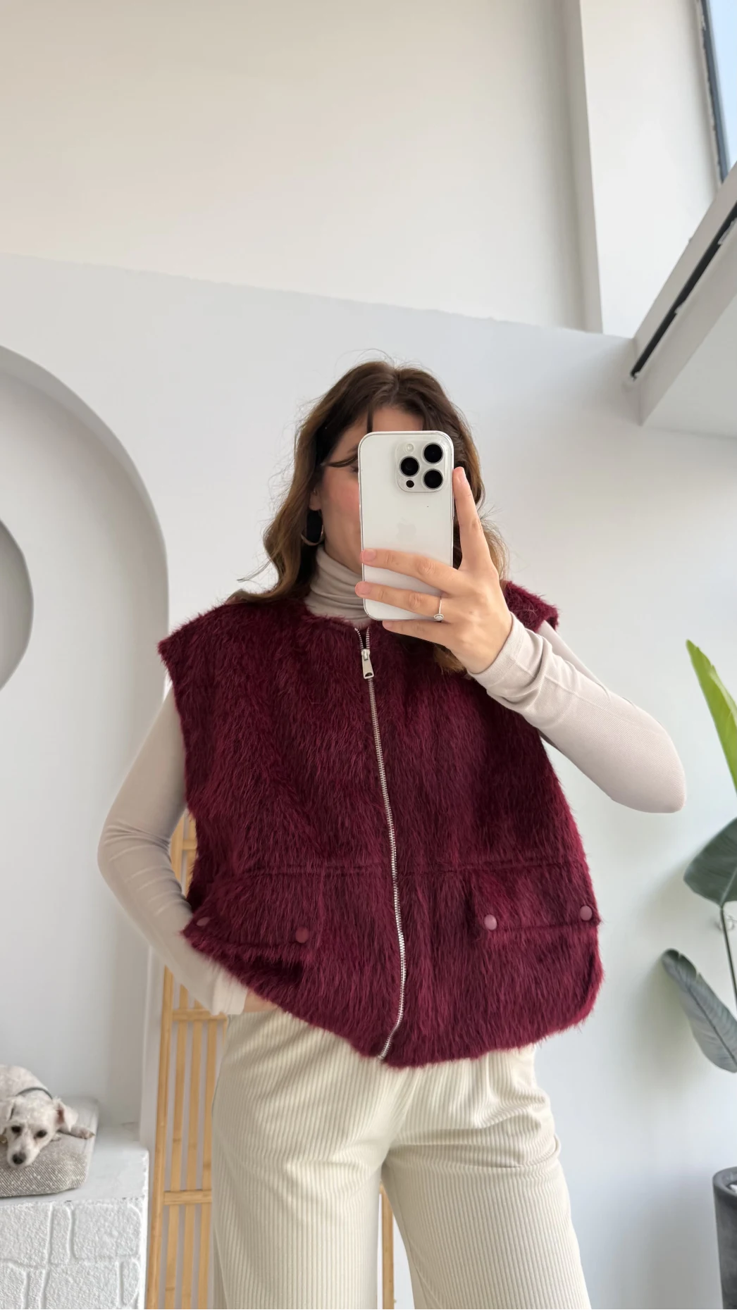 Veloura Kısa Tüylü Yelek - Bordo - KOD:8016