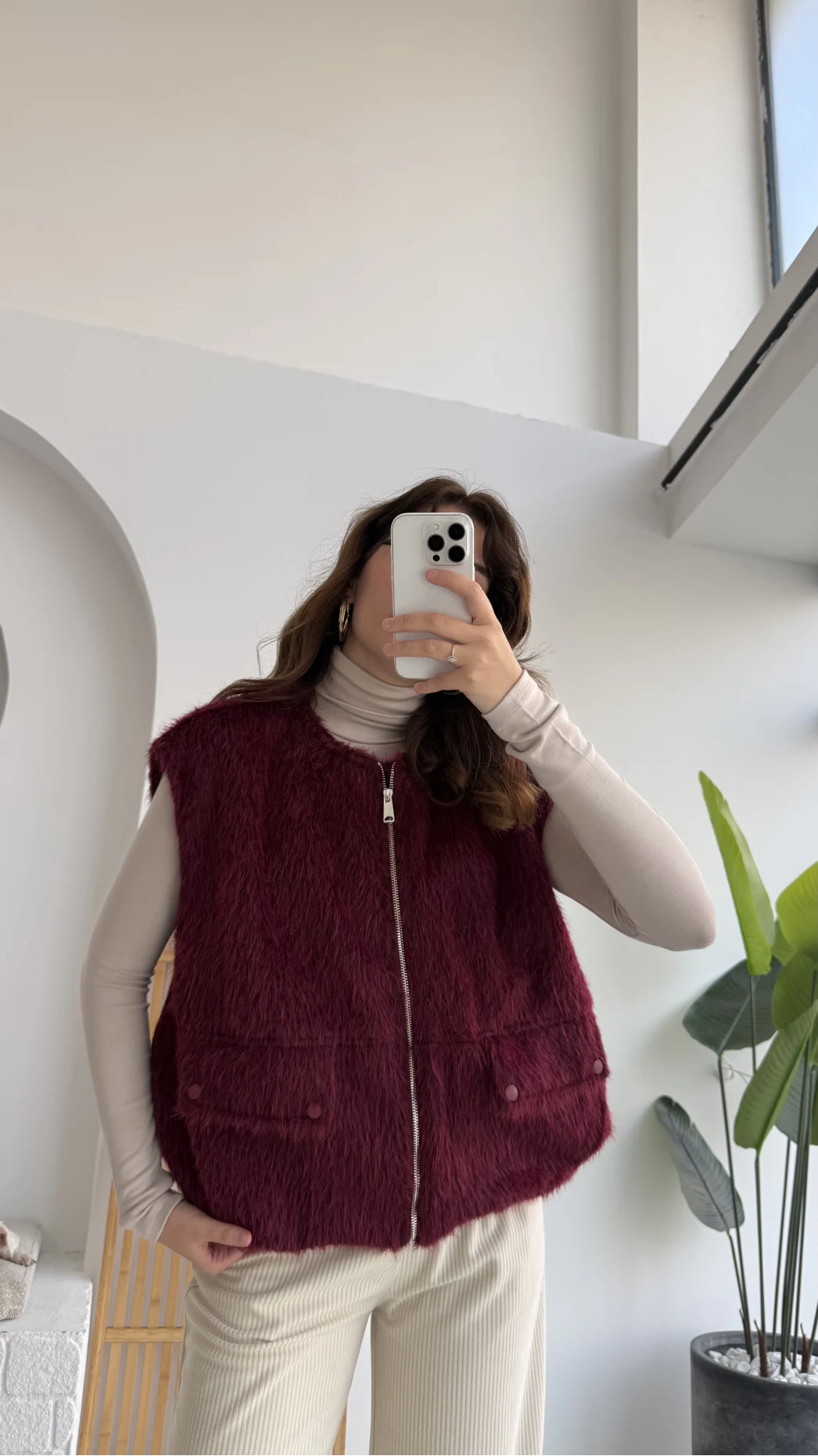 Veloura Kısa Tüylü Yelek - Bordo - KOD:8016