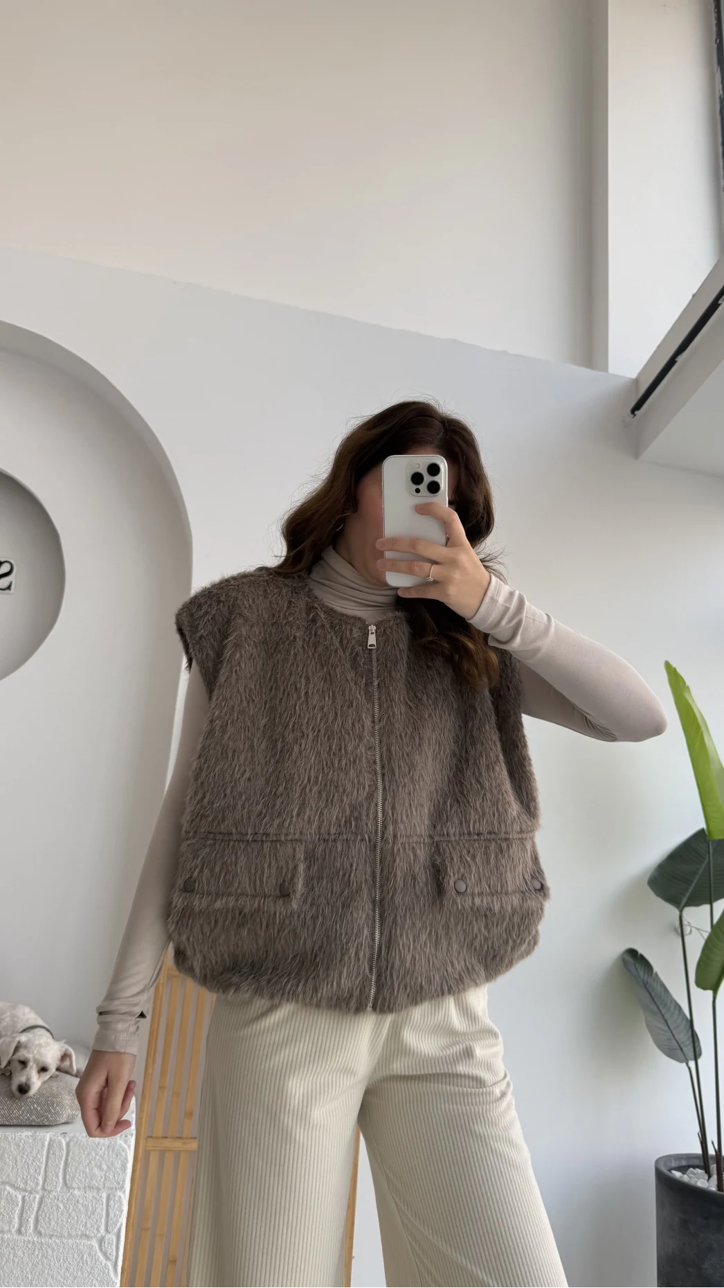 Veloura Kısa Tüylü Yelek - Kahverengi - KOD:8016