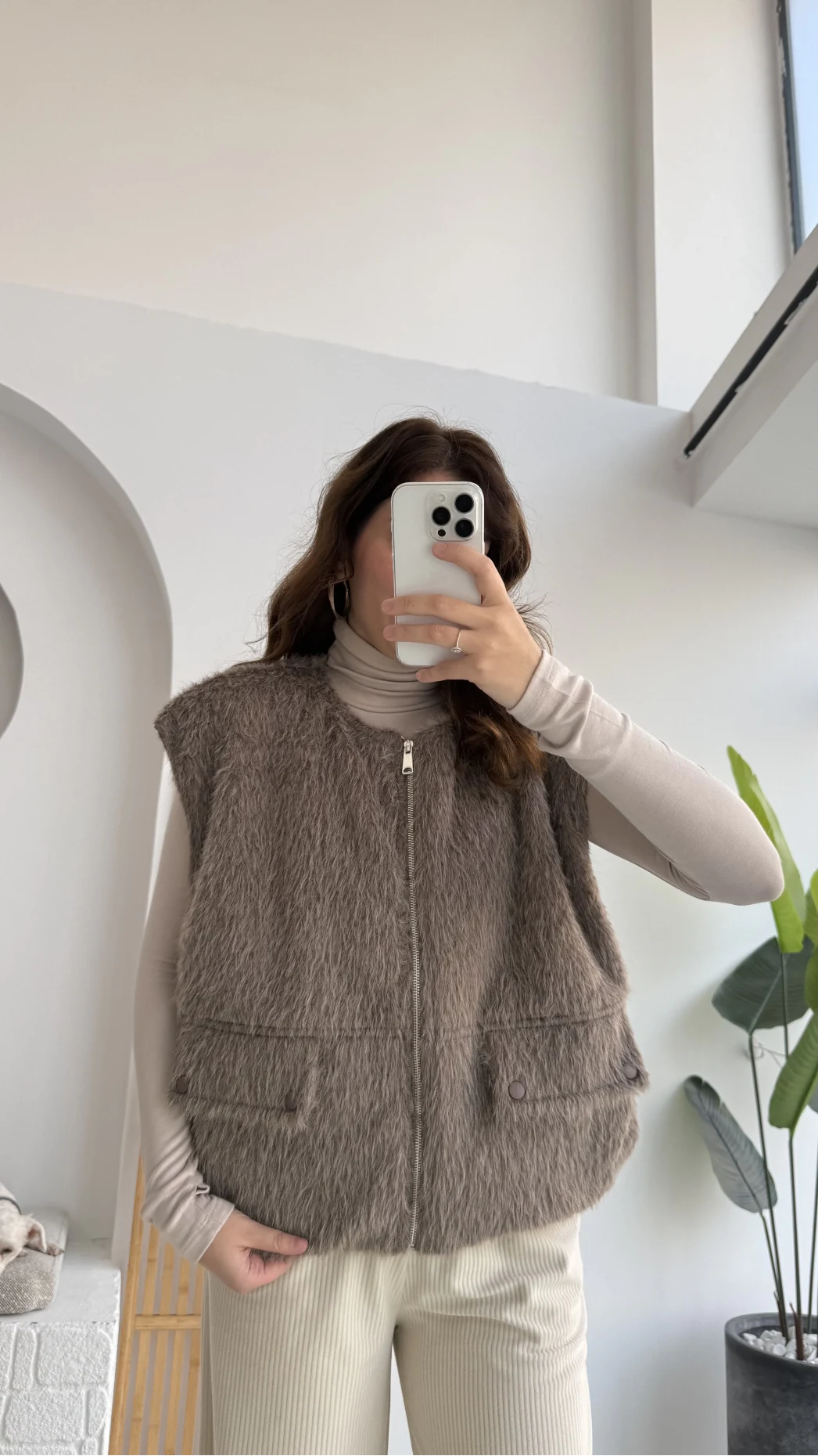 Veloura Kısa Tüylü Yelek - Kahverengi - KOD:8016