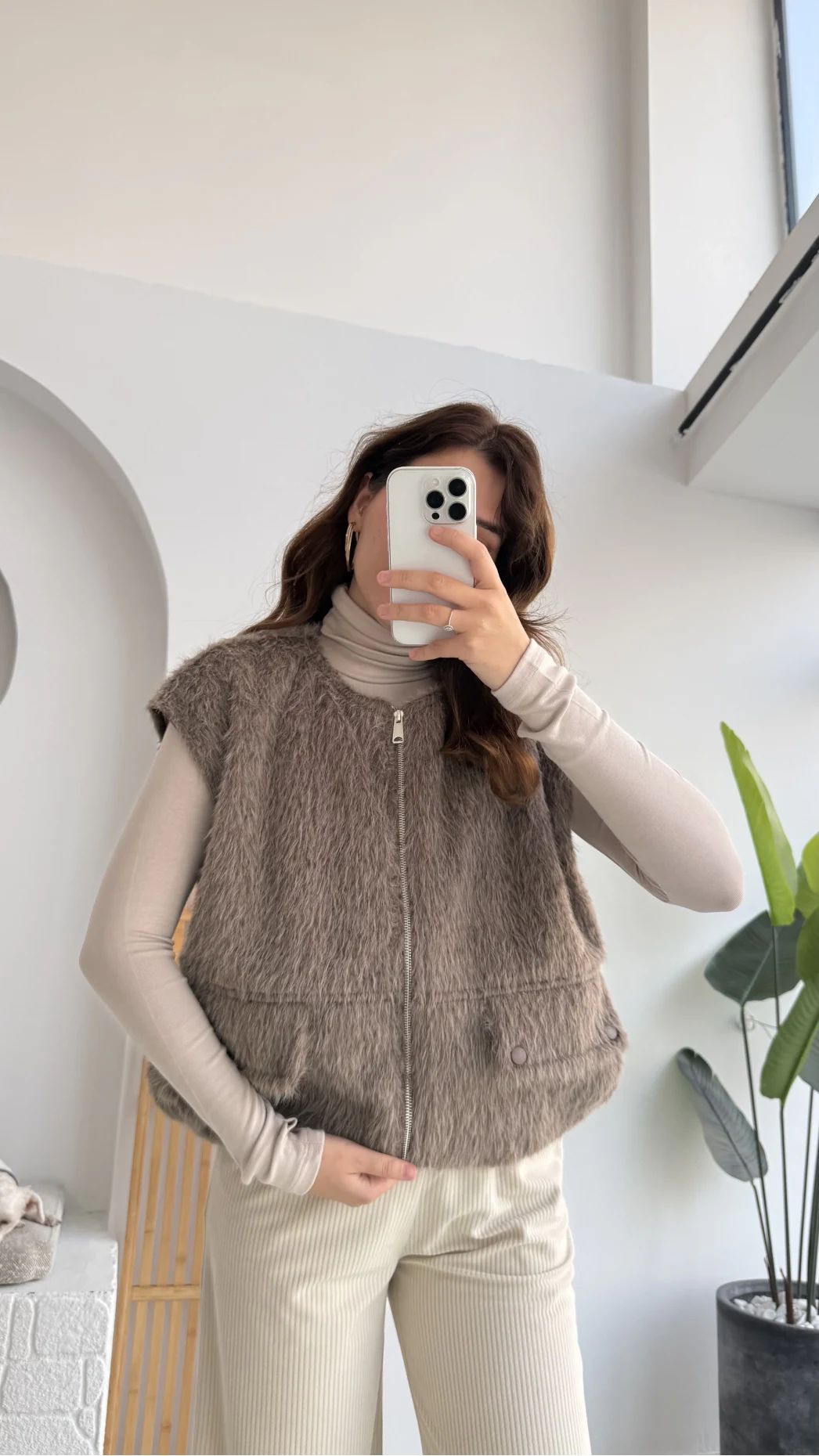 Veloura Kısa Tüylü Yelek - Kahverengi - KOD:8016