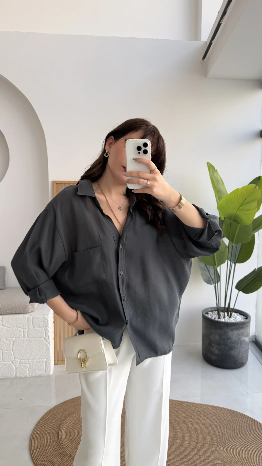 Vintage Serisi Oversize Tensel Gömlek - Antrasit - Kod: 4612