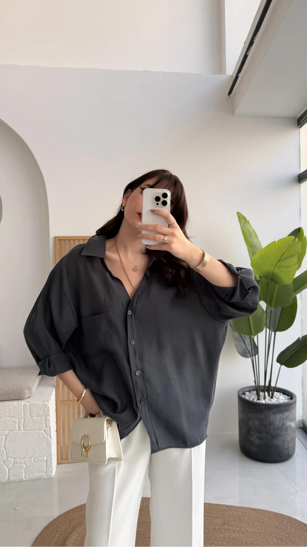 Vintage Serisi Oversize Tensel Gömlek - Antrasit - Kod: 4612