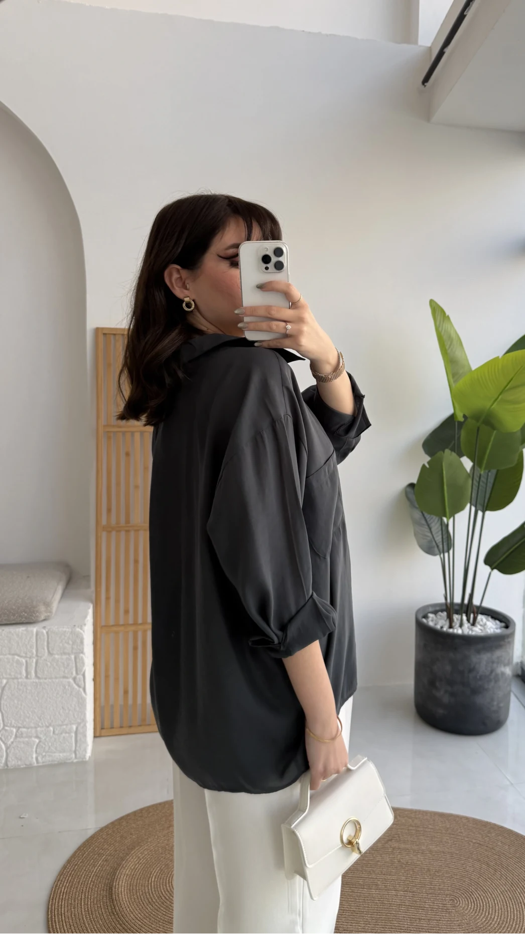 Vintage Serisi Oversize Tensel Gömlek - Antrasit - Kod: 4612