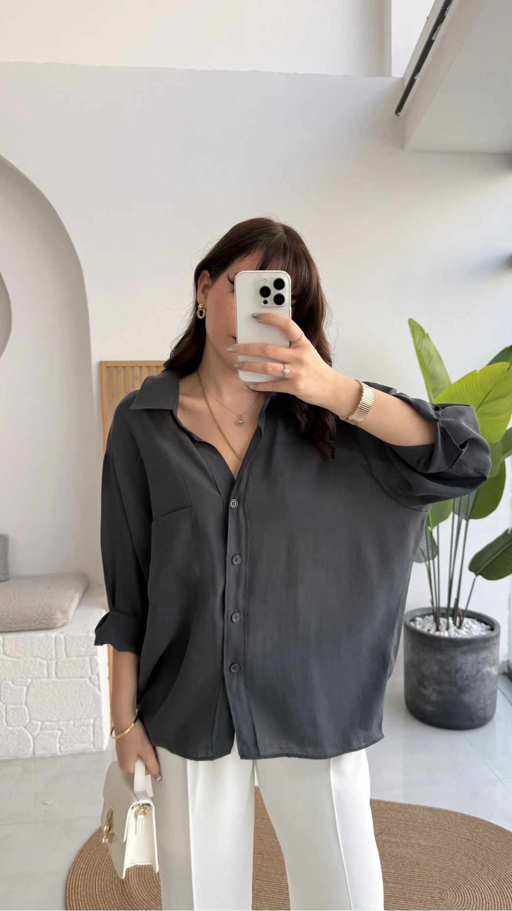 Vintage Serisi Oversize Tensel Gömlek - Antrasit - Kod: 4612