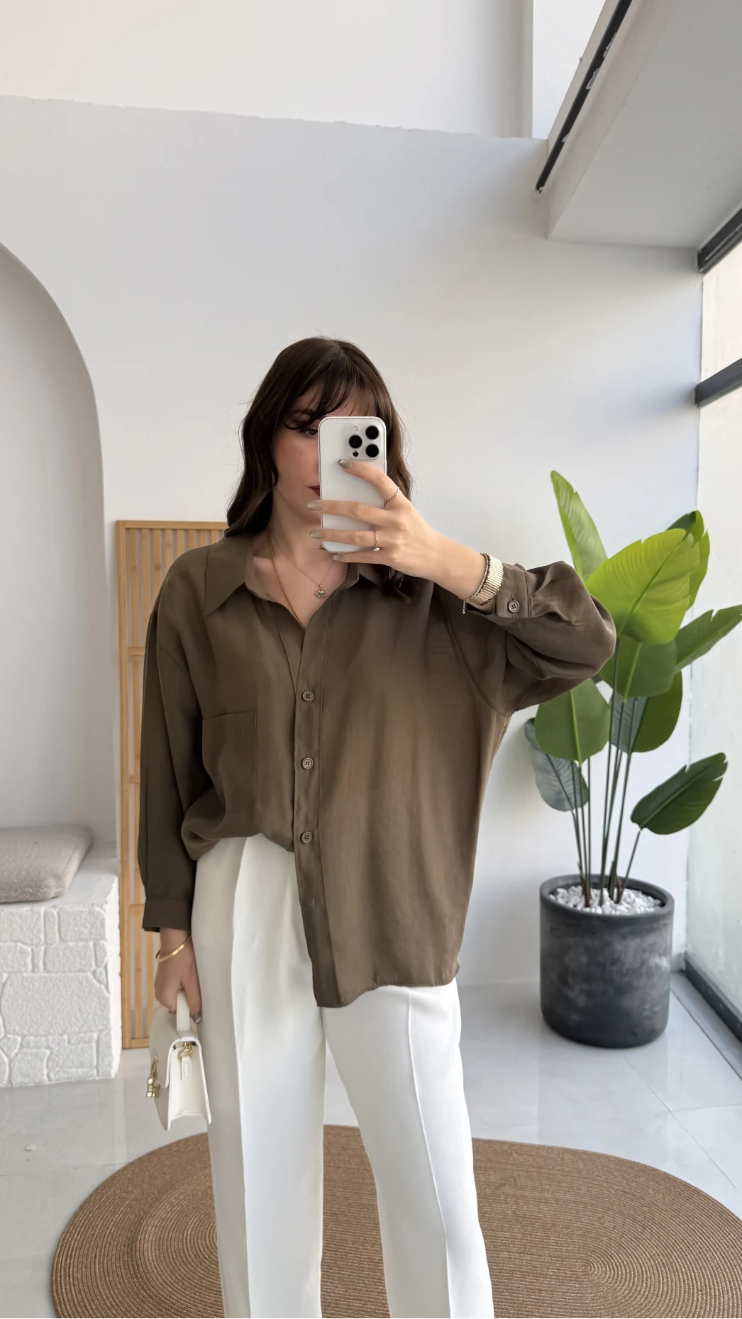 Vintage Serisi Oversize Tensel Gömlek - Haki - Kod: 4612