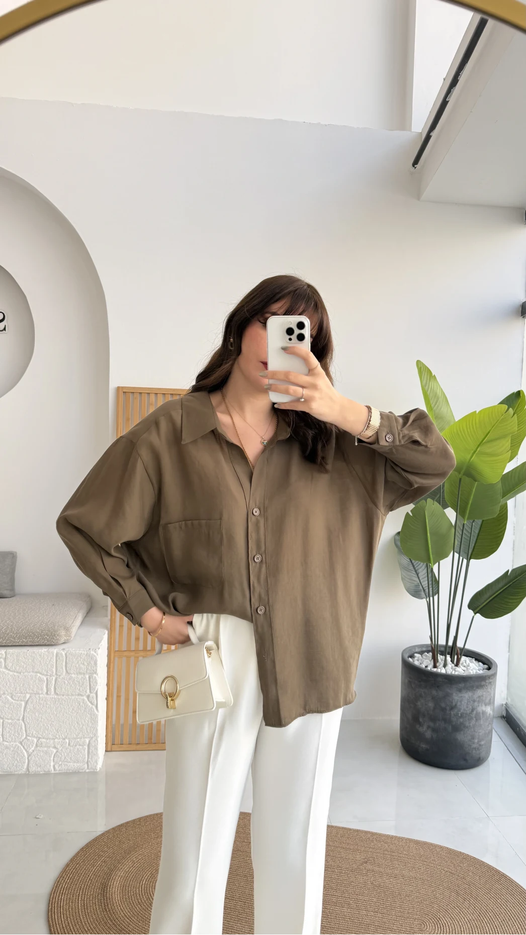 Vintage Serisi Oversize Tensel Gömlek - Haki - Kod: 4612