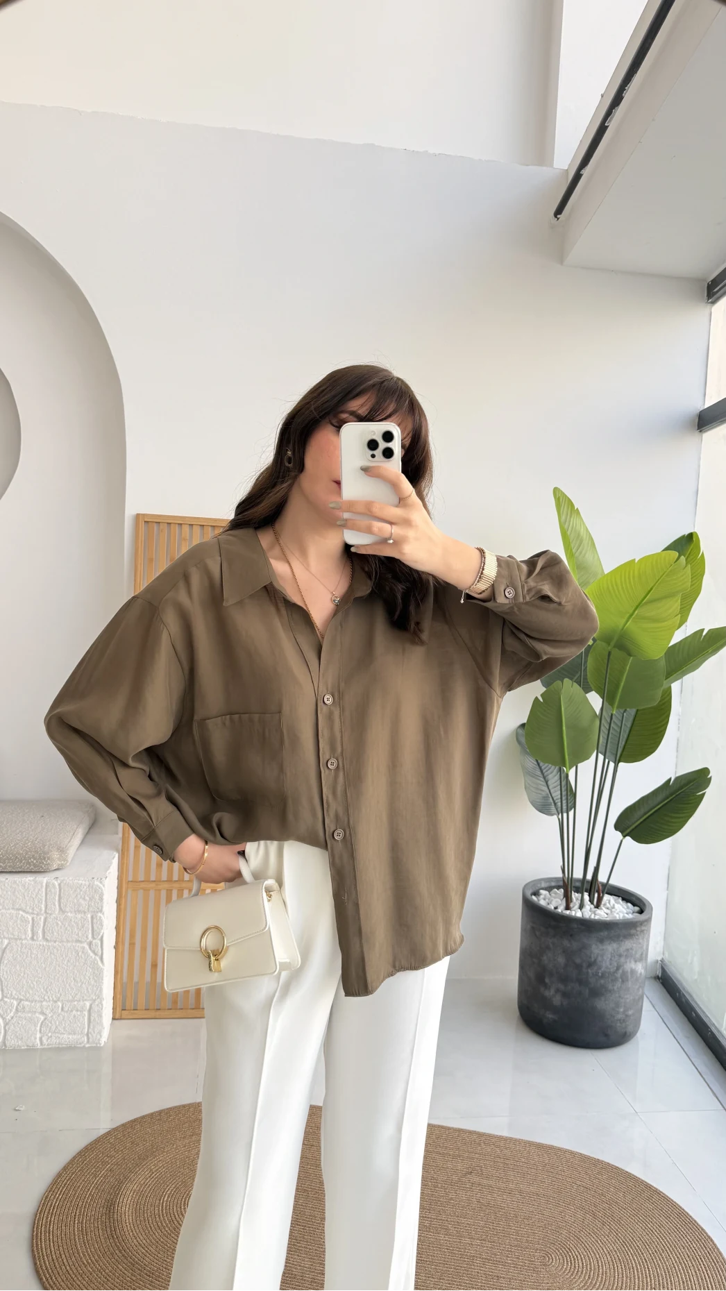 Vintage Serisi Oversize Tensel Gömlek - Haki - Kod: 4612