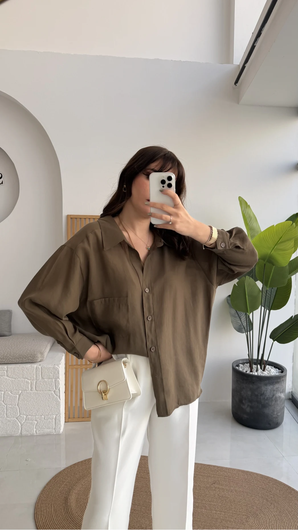 Vintage Serisi Oversize Tensel Gömlek - Haki - Kod: 4612