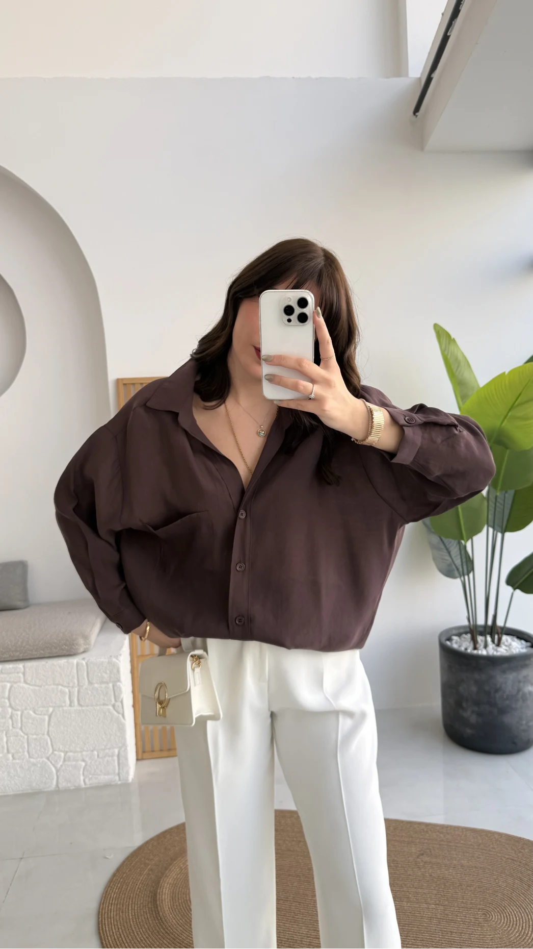 Vintage Serisi Oversize Tensel Gömlek - Kahve - Kod: 4612