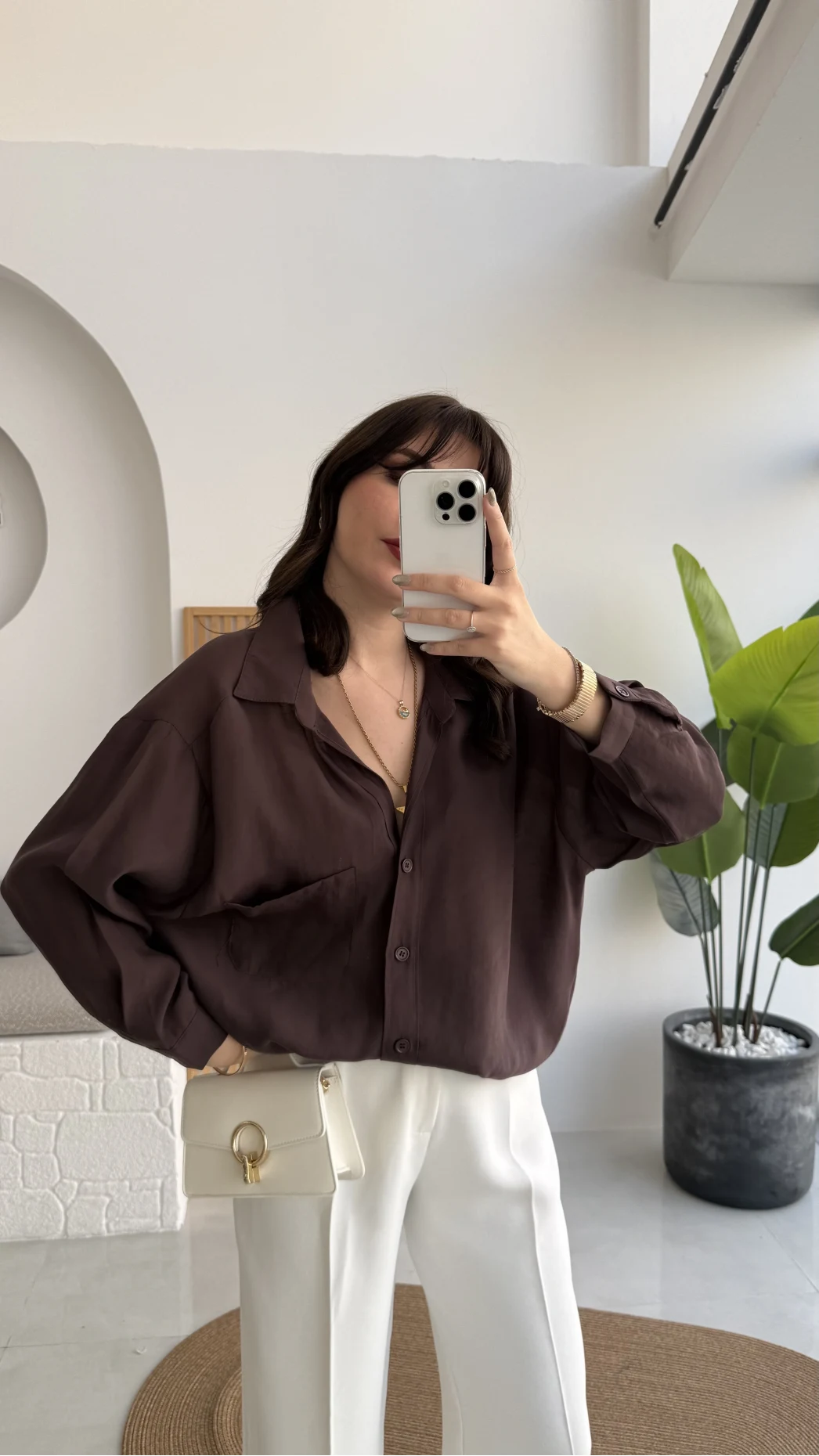 Vintage Serisi Oversize Tensel Gömlek - Kahve - Kod: 4612