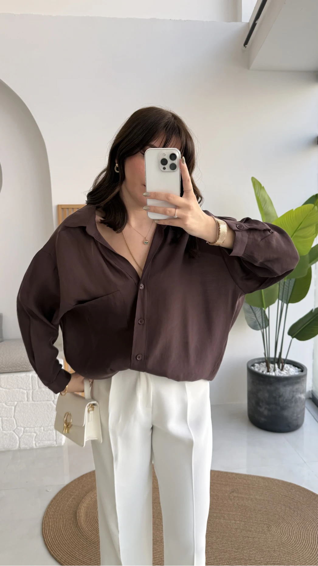 Vintage Serisi Oversize Tensel Gömlek - Kahve - Kod: 4612