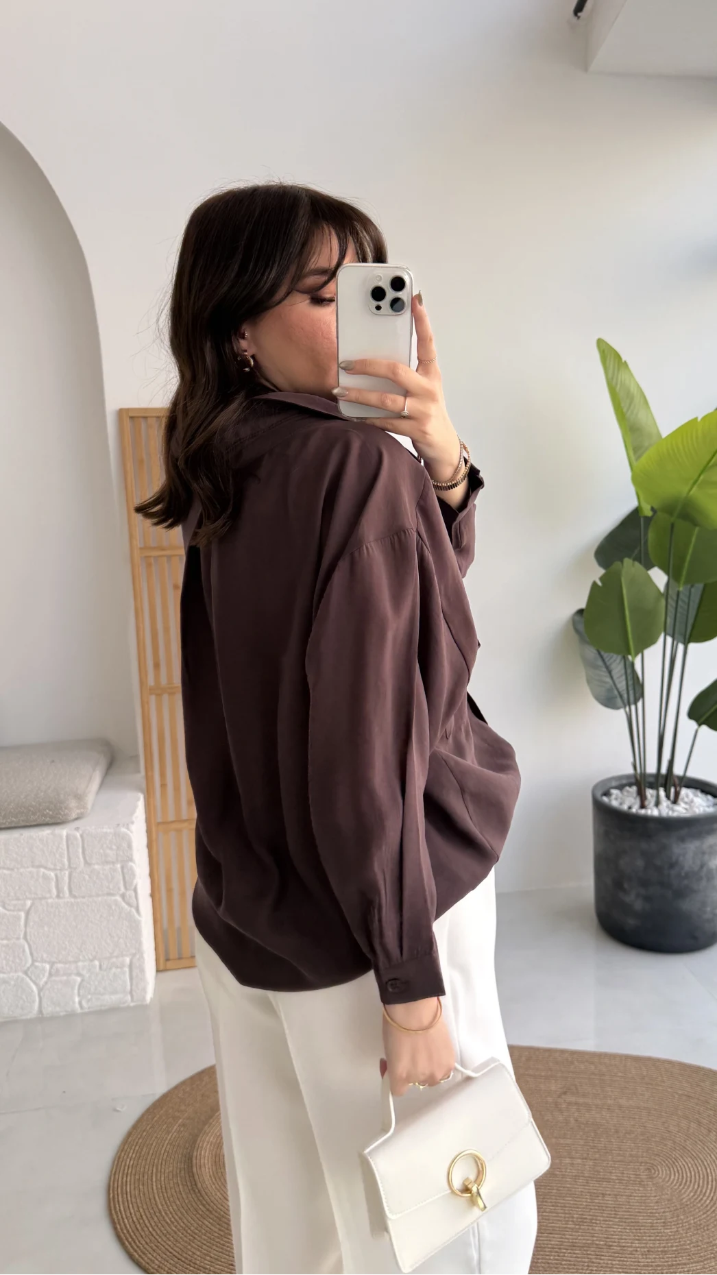 Vintage Serisi Oversize Tensel Gömlek - Kahve - Kod: 4612