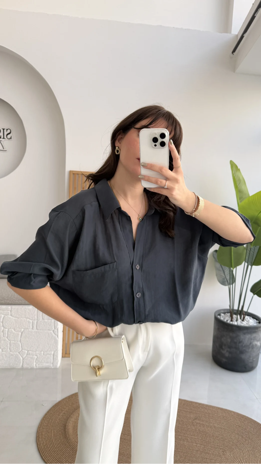 Vintage Serisi Oversize Tensel Gömlek - Lacivert - Kod: 4612