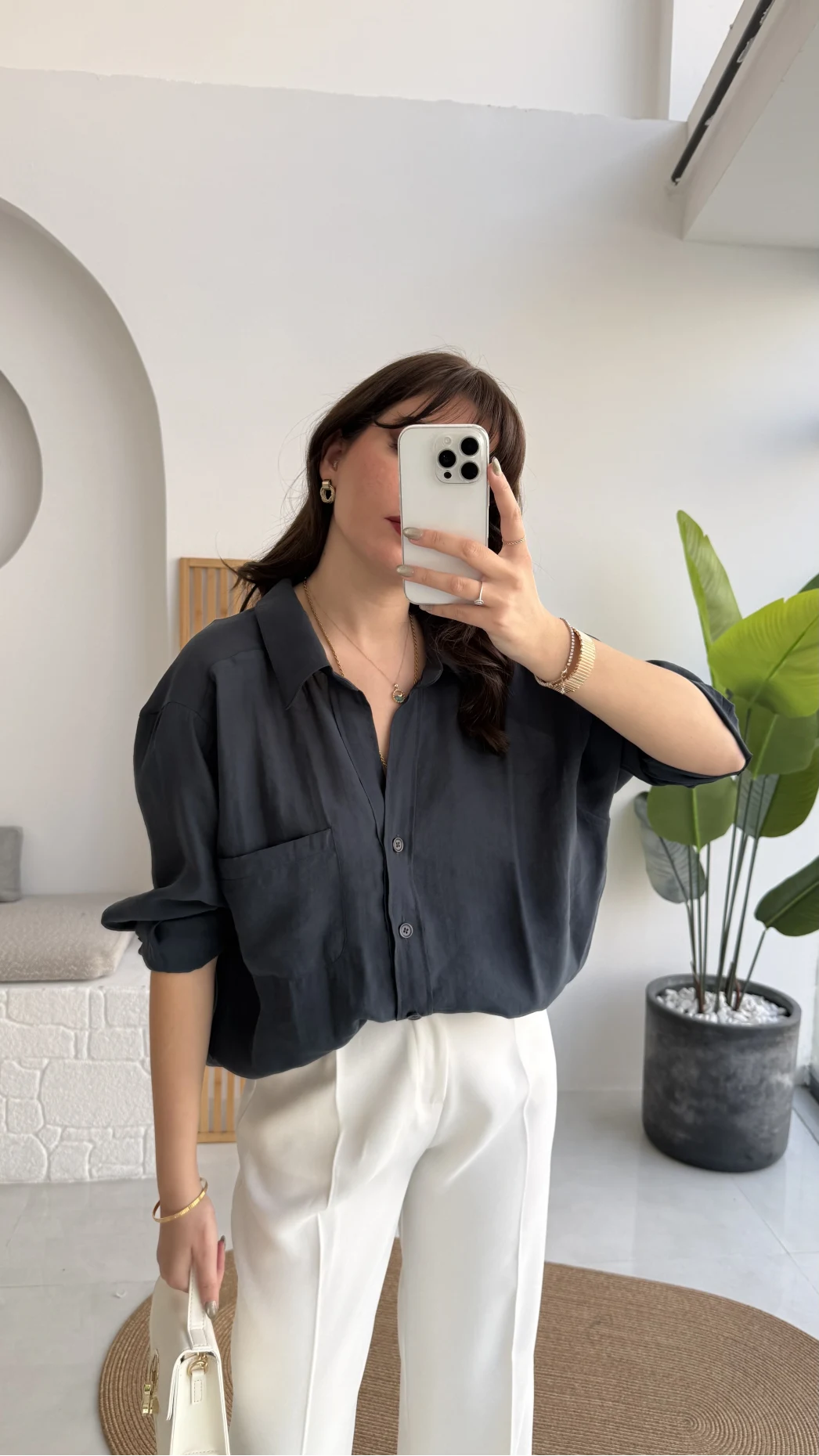 Vintage Serisi Oversize Tensel Gömlek - Lacivert - Kod: 4612