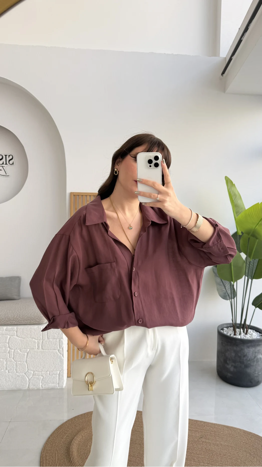 Vintage Serisi Oversize Tensel Gömlek - Mürdüm - Kod: 4612