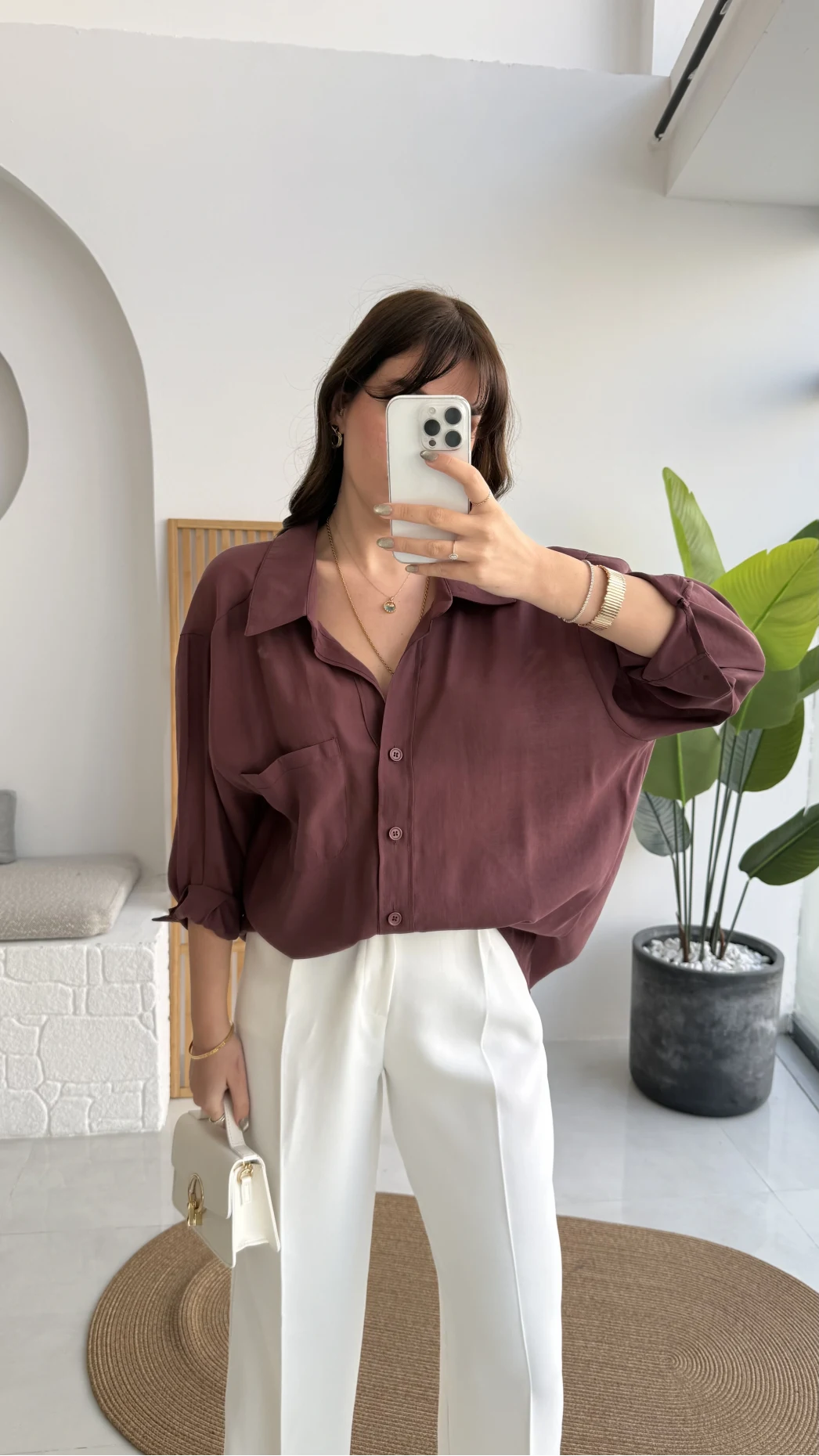 Vintage Serisi Oversize Tensel Gömlek - Mürdüm - Kod: 4612